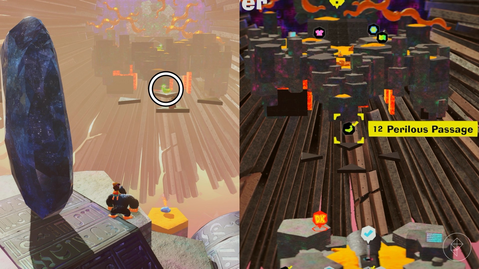 Donkey Kong looking towards a golden banana on a triangular platform in the distance while standing next to a large crystal.
