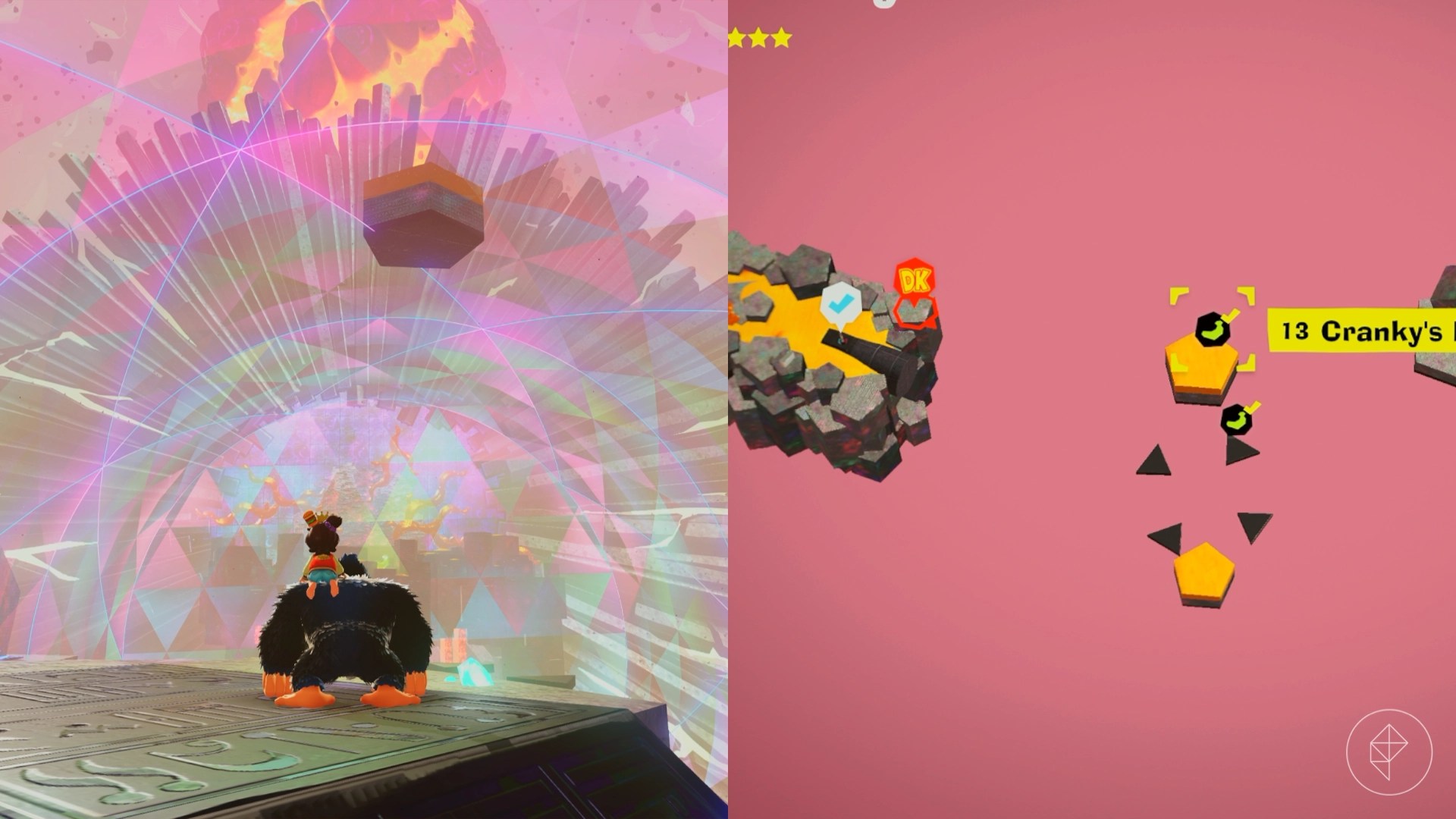 Donkey Kong looking towards an island high up in the sky and a prismatic wall.