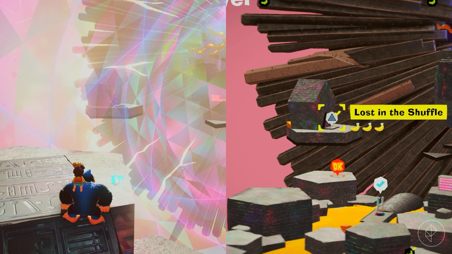 Donkey Kong looking towards the entrance of an Ancient Ruin, which is on a floating island behind a prismatic wall.