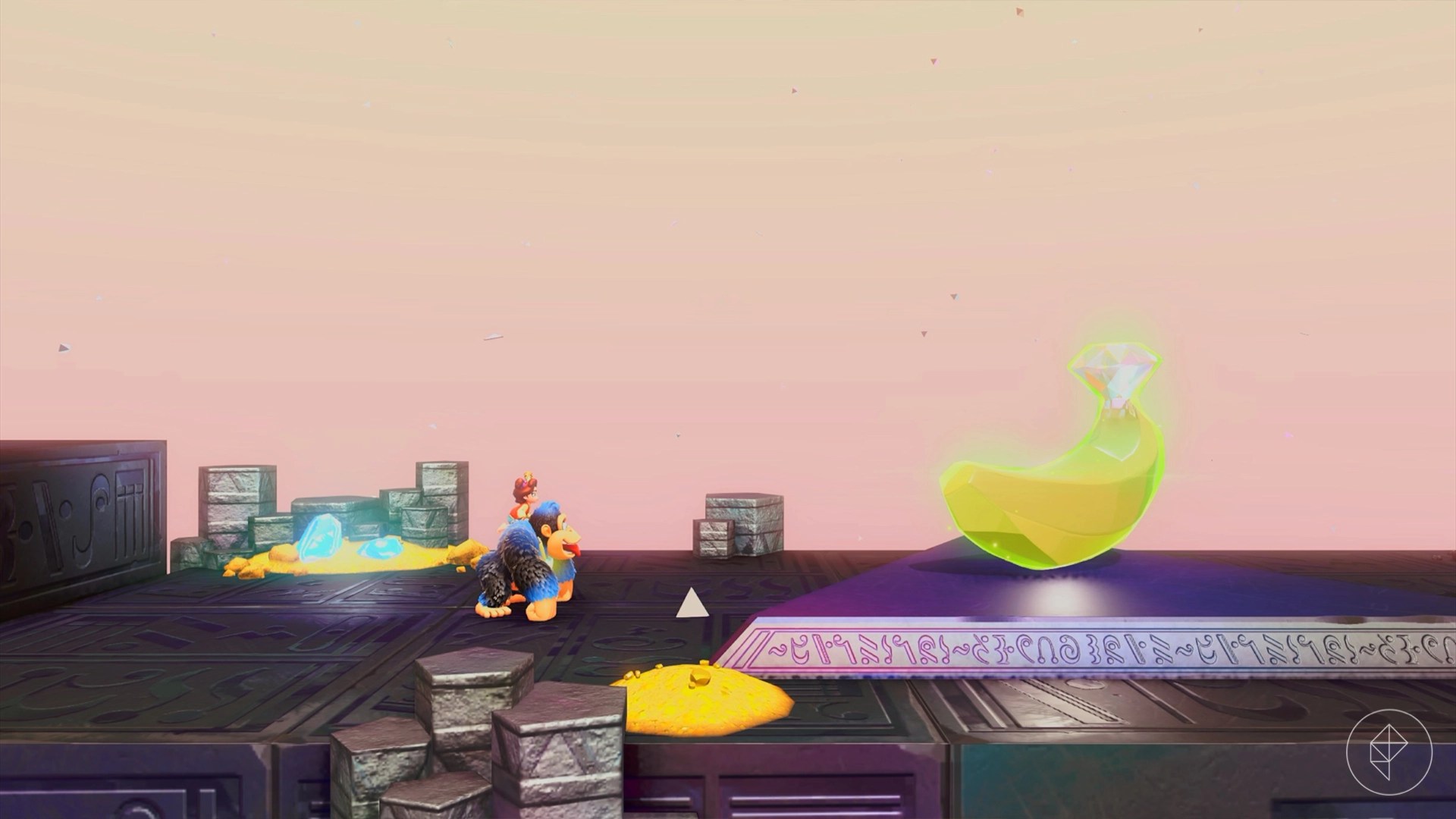 Donkey Kong standing in front of a golden banana gem on a metal platform from a side view.