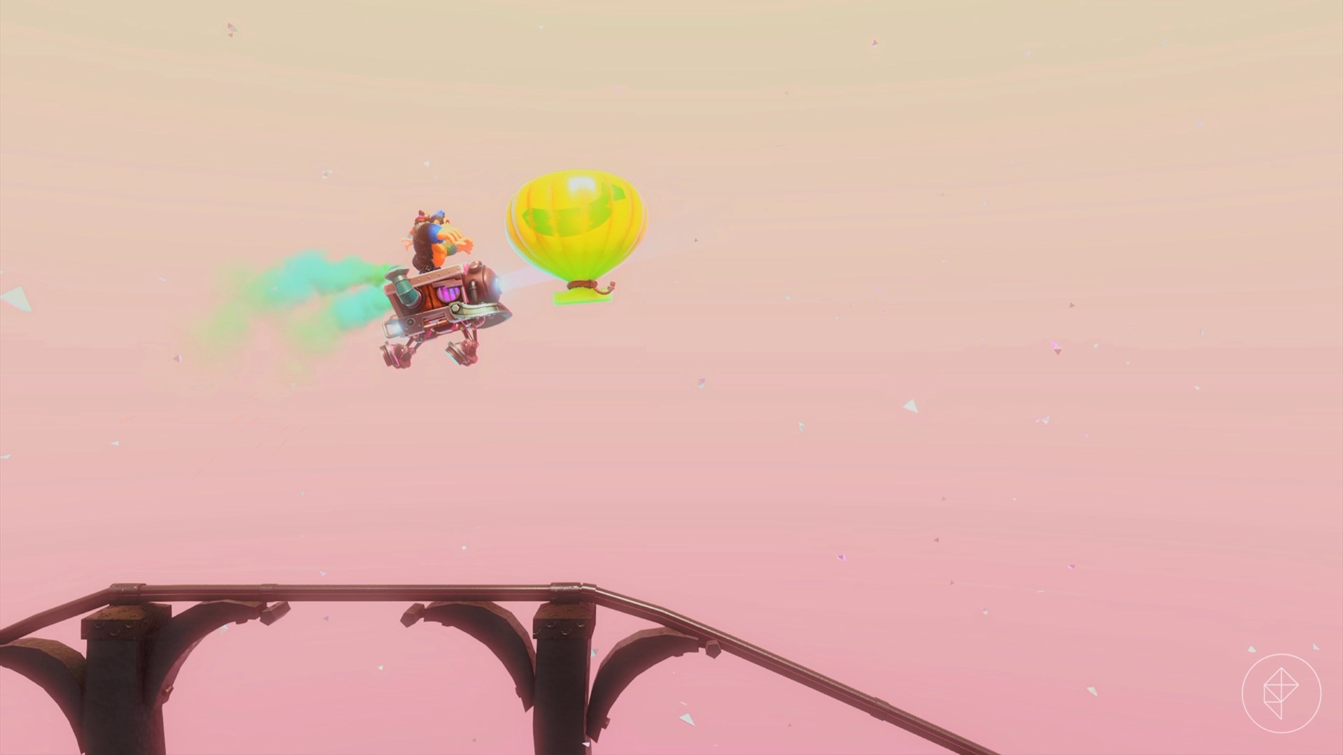 Donkey Kong in a mine cart jumping towards a balloon with a banana symbol on it.