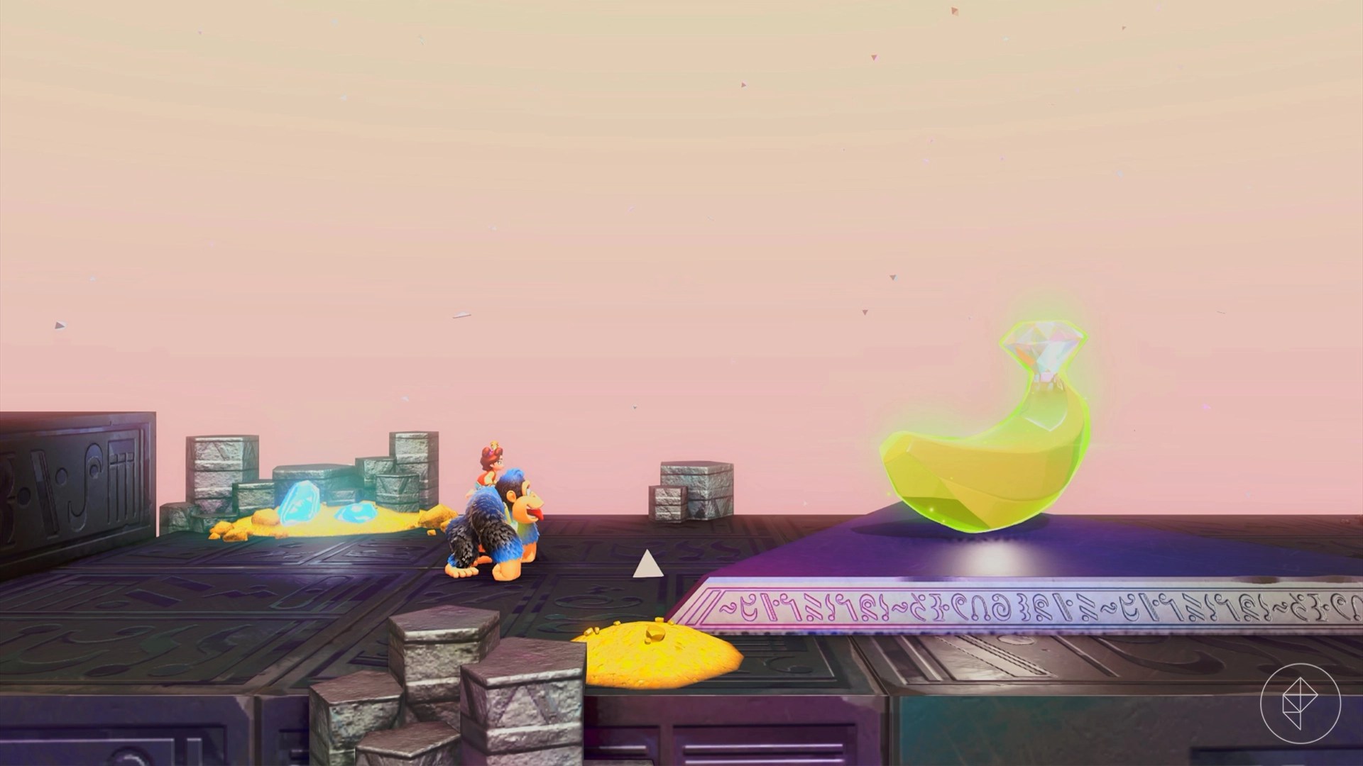 Donkey Kong standing in front of a golden banana on a metal platform from a side view.