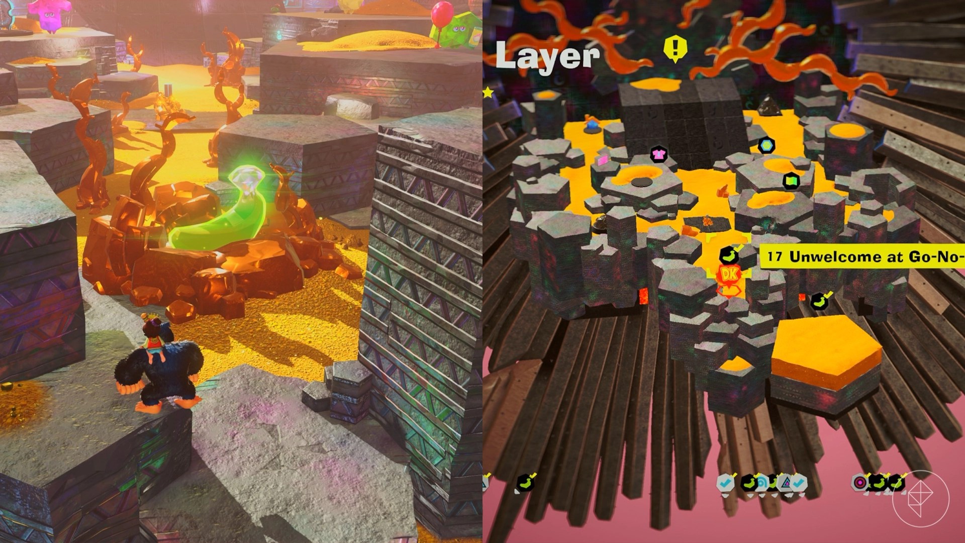 Donkey Kong standing in front of a golden banana that is surrounded by gold.
