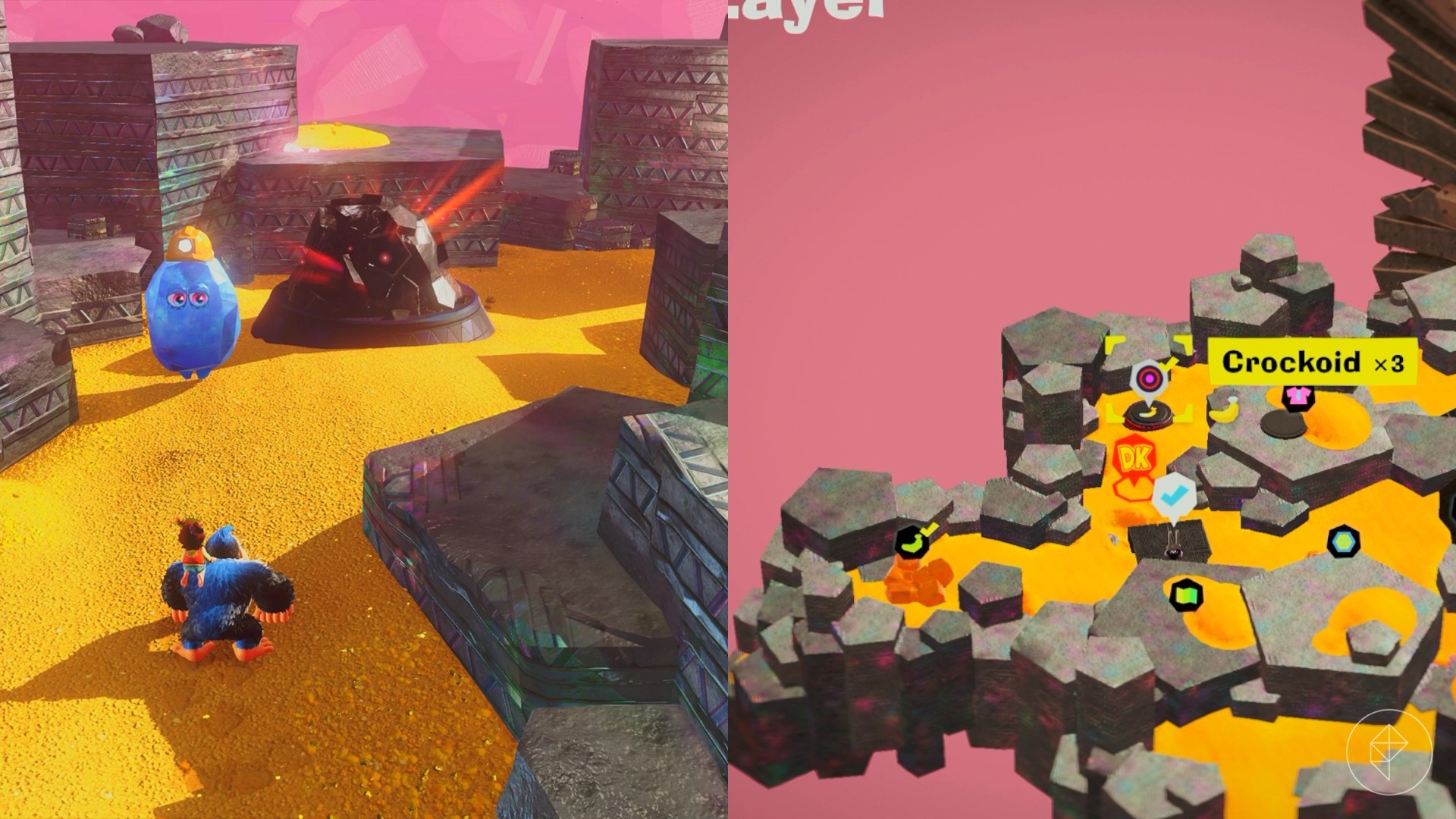Donkey Kong standing before a blocked manhole cover beside a crystal with eyes and a mining hat.