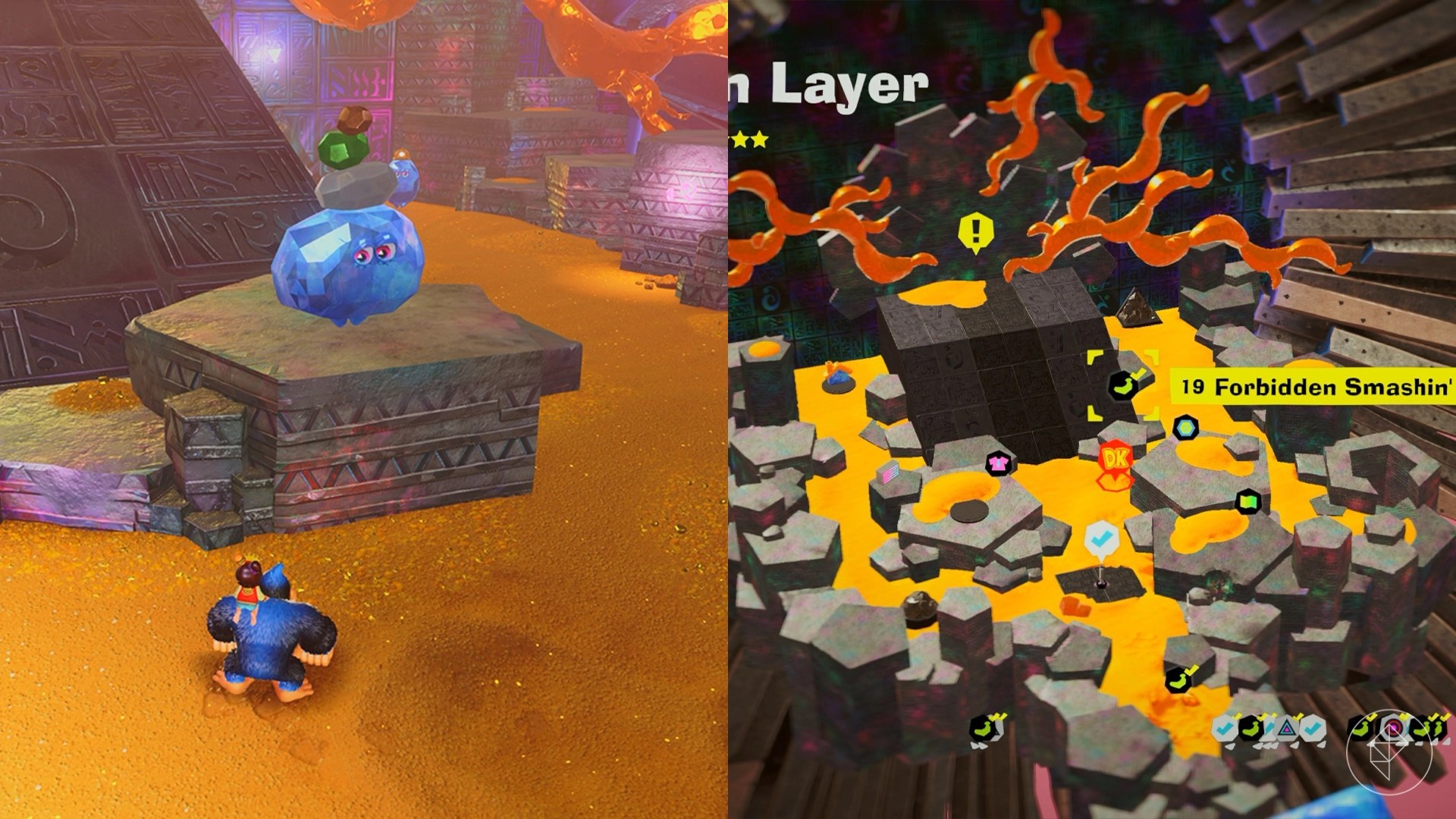 Donkey Kong standing in front of a crystal with eyes that has more gems stacked on top of its head.