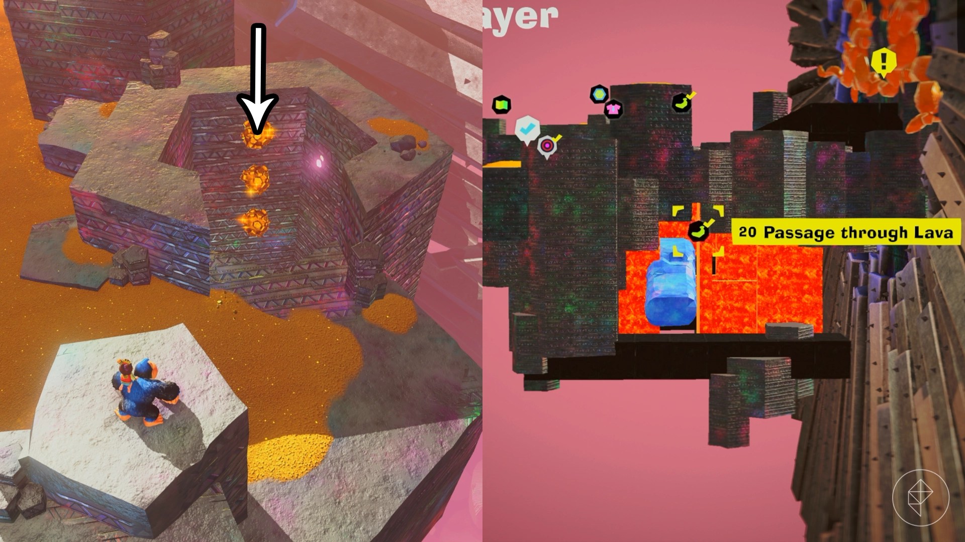 Donkey Kong looking towards a concrete hole with an arrow pointing down it.