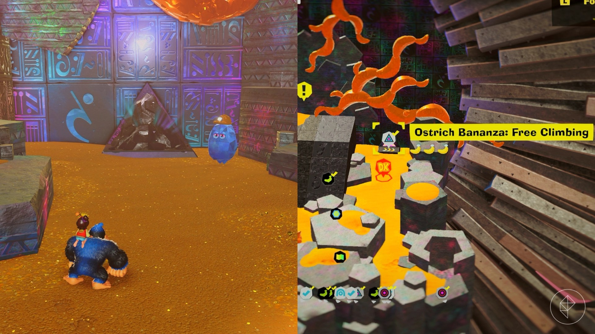 Donkey Kong standing in front of a blocked triangular door that is beside a crystal with a mining hat.
