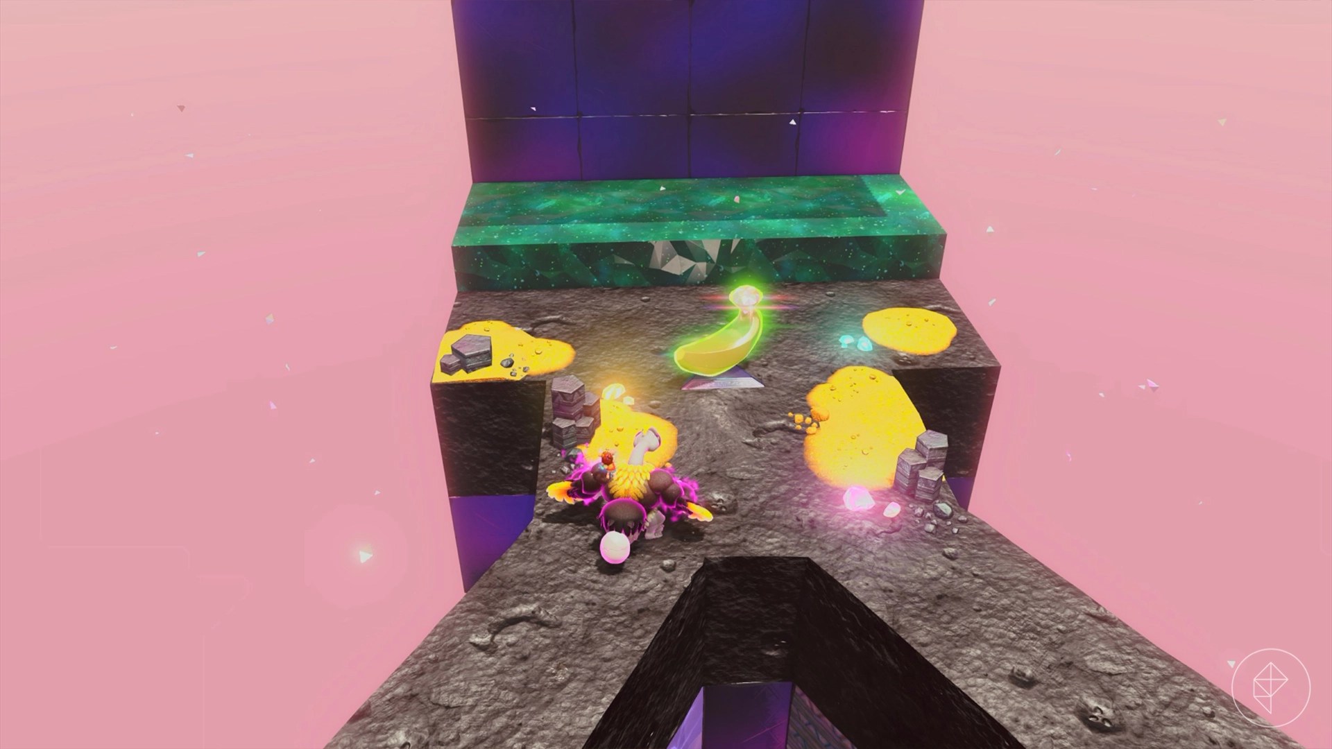 Donkey Kong as an ostrich standing on top of a stone floor that contains a golden banana.