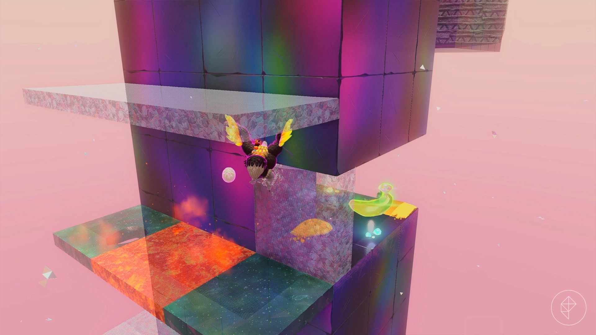 Donkey Kong as an ostrich flying in front of a transparent wall that is hiding a golden banana.