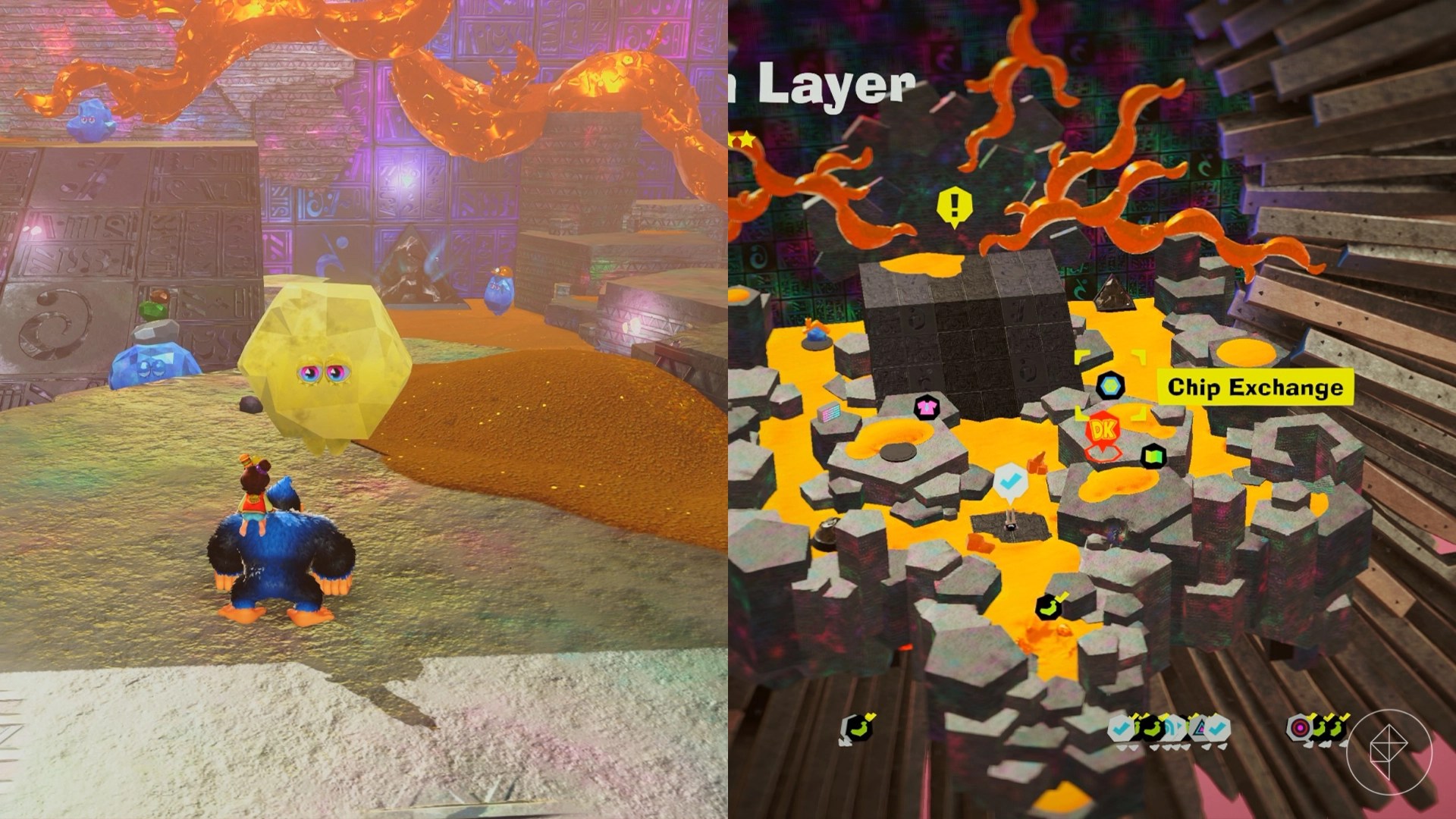 Donkey Kong standing in front of a yellow crystal hexagon with eyes.