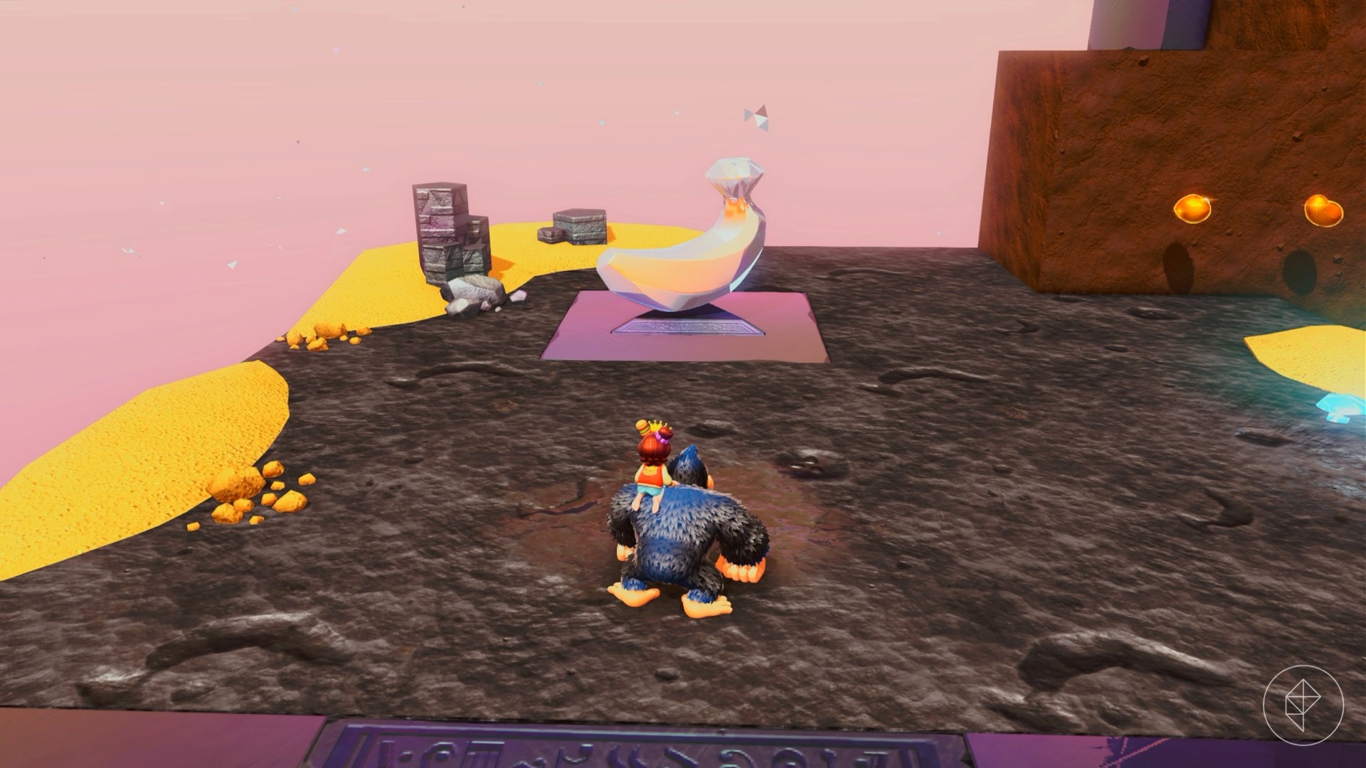 Donkey Kong standing in front of a golden banana gem on a stone platform.