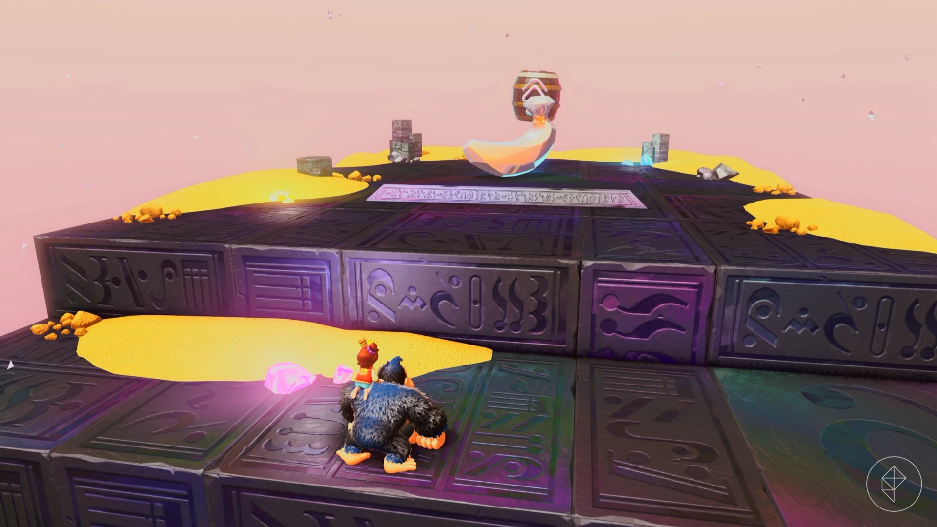 Donkey Kong standing in front of a golden banana gem on a metal platform.