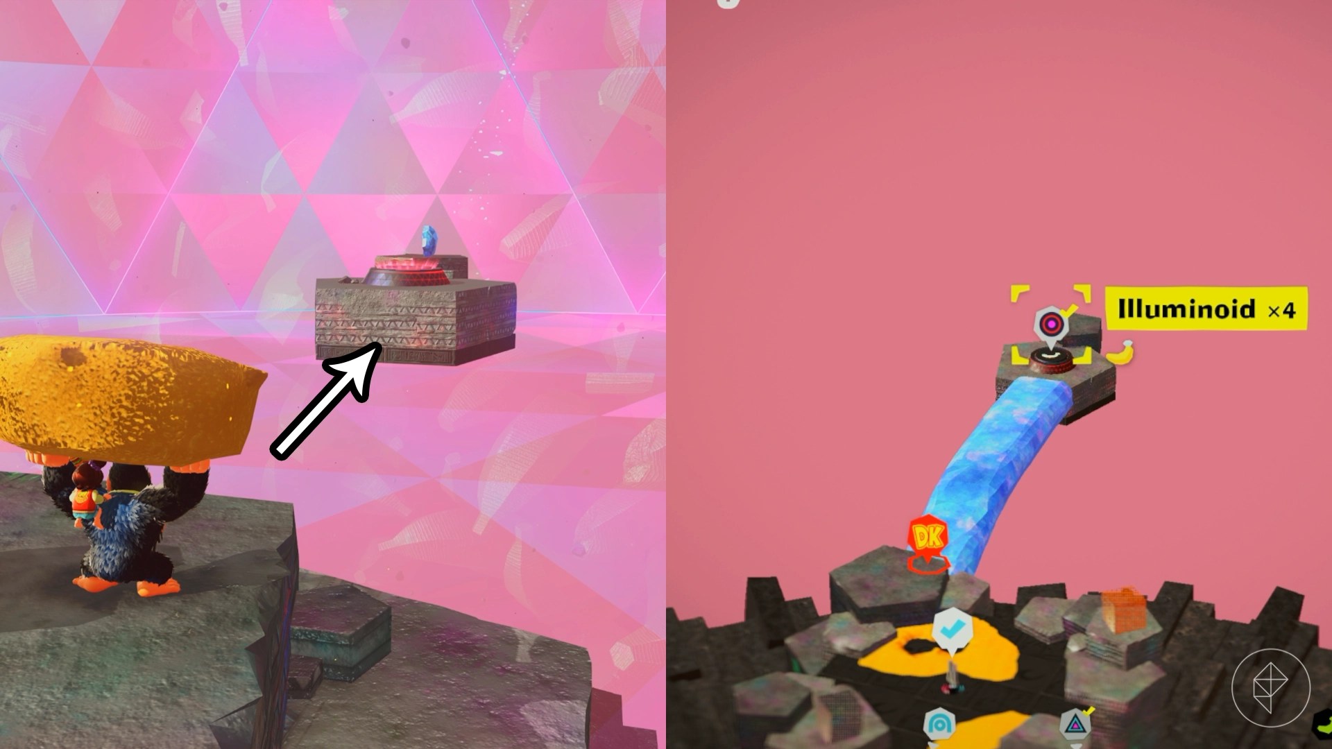 Donkey Kong holding a chunk of sand getting ready to throw it at a floating concrete island in the distance.
