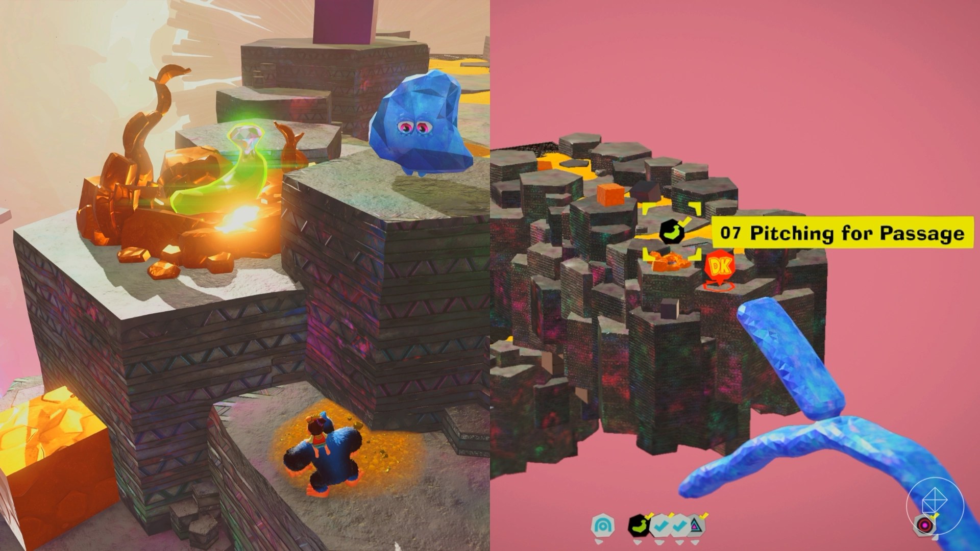 Donkey Kong standing in front of a golden banana gem surrounded by gold and concrete.