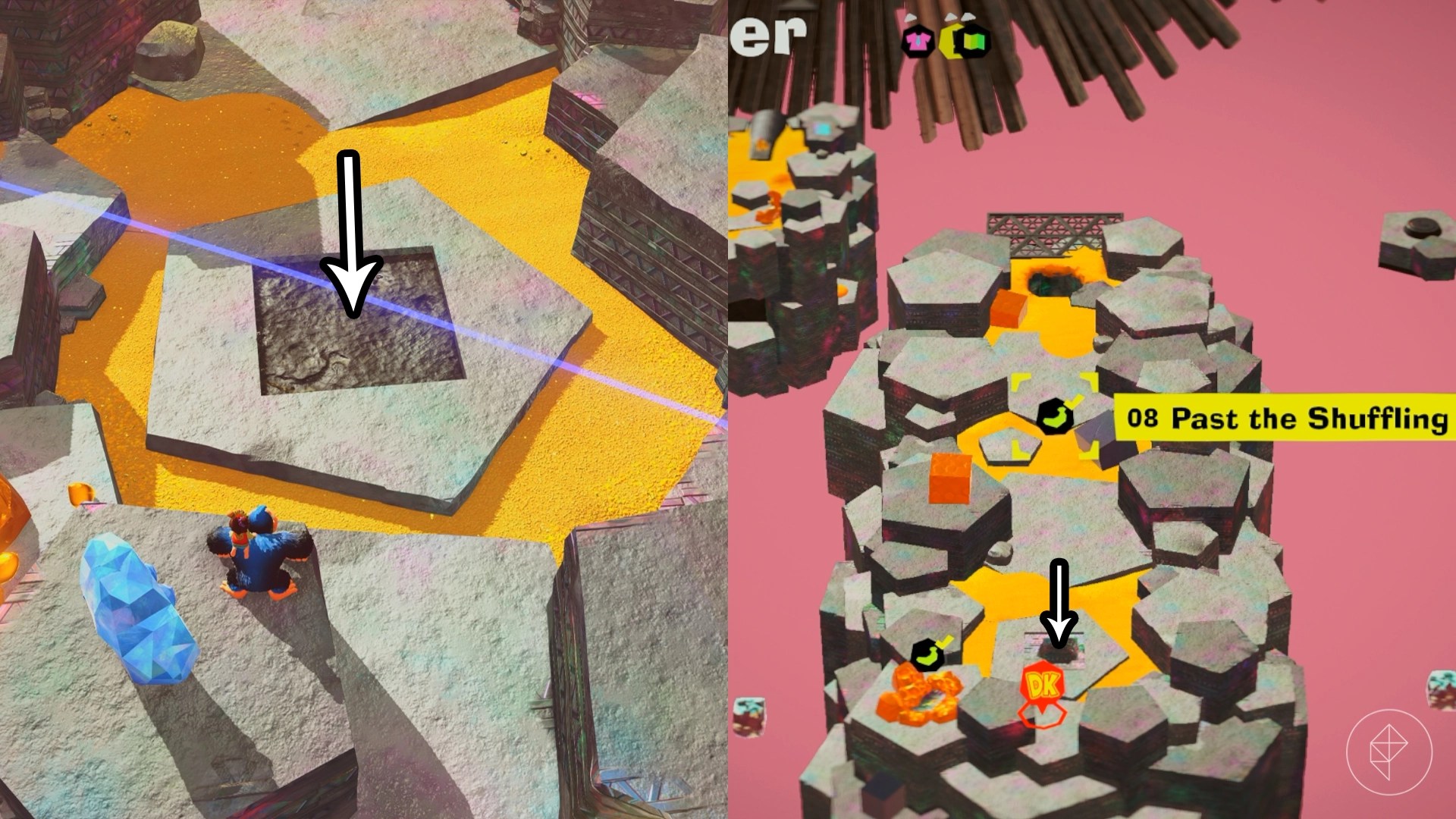 Donkey Kong looking towards a square tile made out of stone.