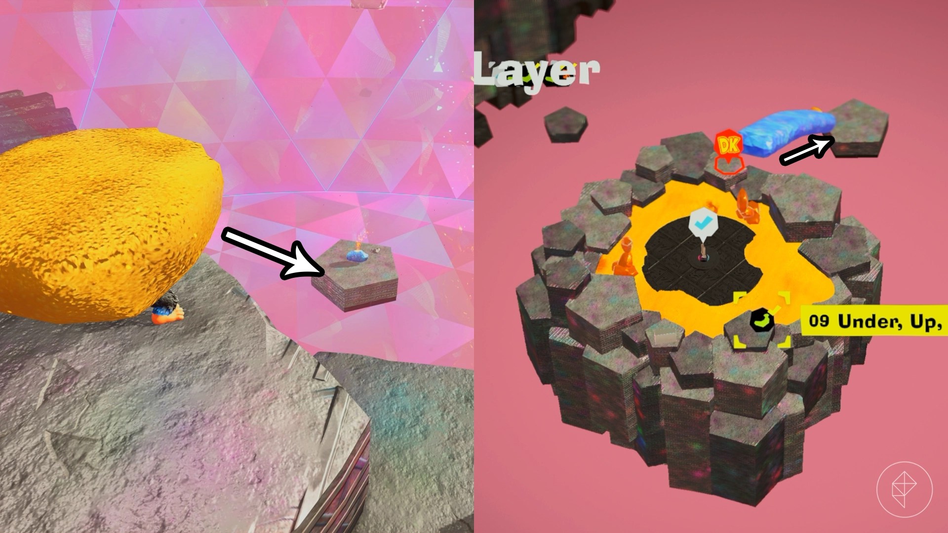 Donkey Kong holding a chunk of sand getting ready to throw it at a floating concrete island below him.
