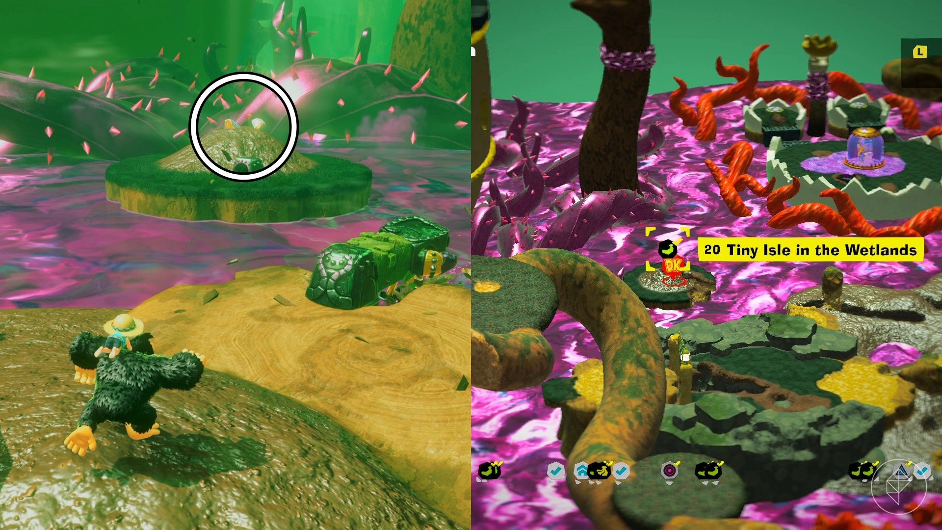 A banana sticks half-out of a dirt pile surrounded by poison water in Donkey Kong Bananza.