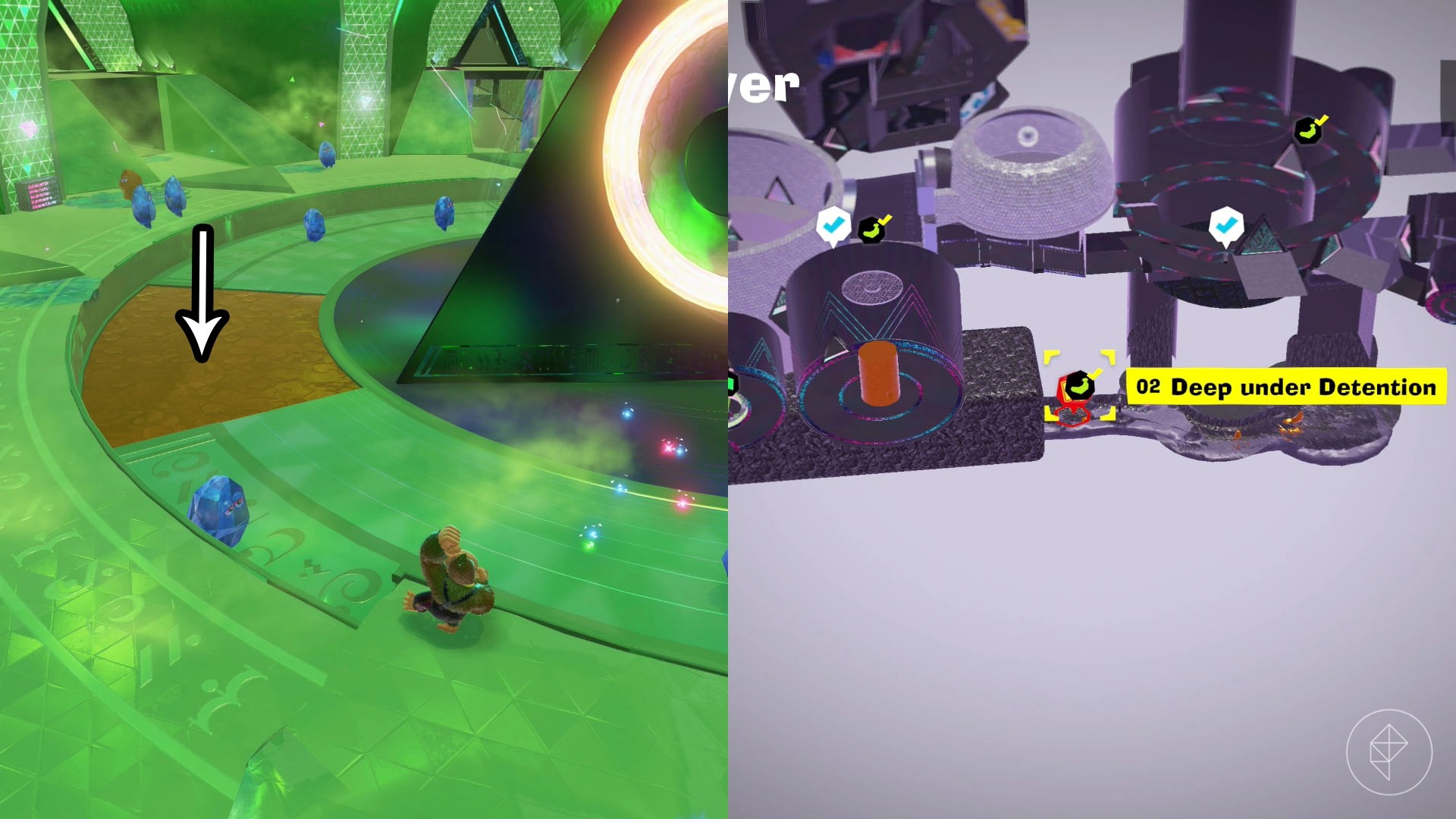 Donkey Kong standing in a green room with a large triangle speaker and an arrow point towards a gold floor.