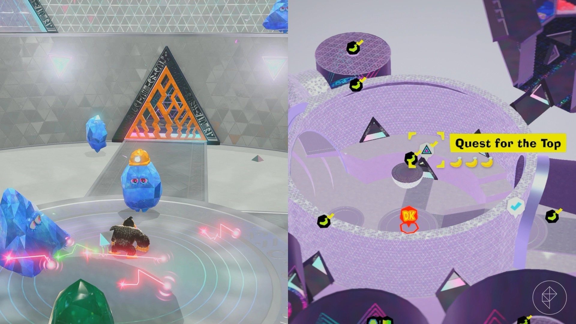 Donkey Kong standing in front of a crystal with a construction hat in front of a door made of gold.