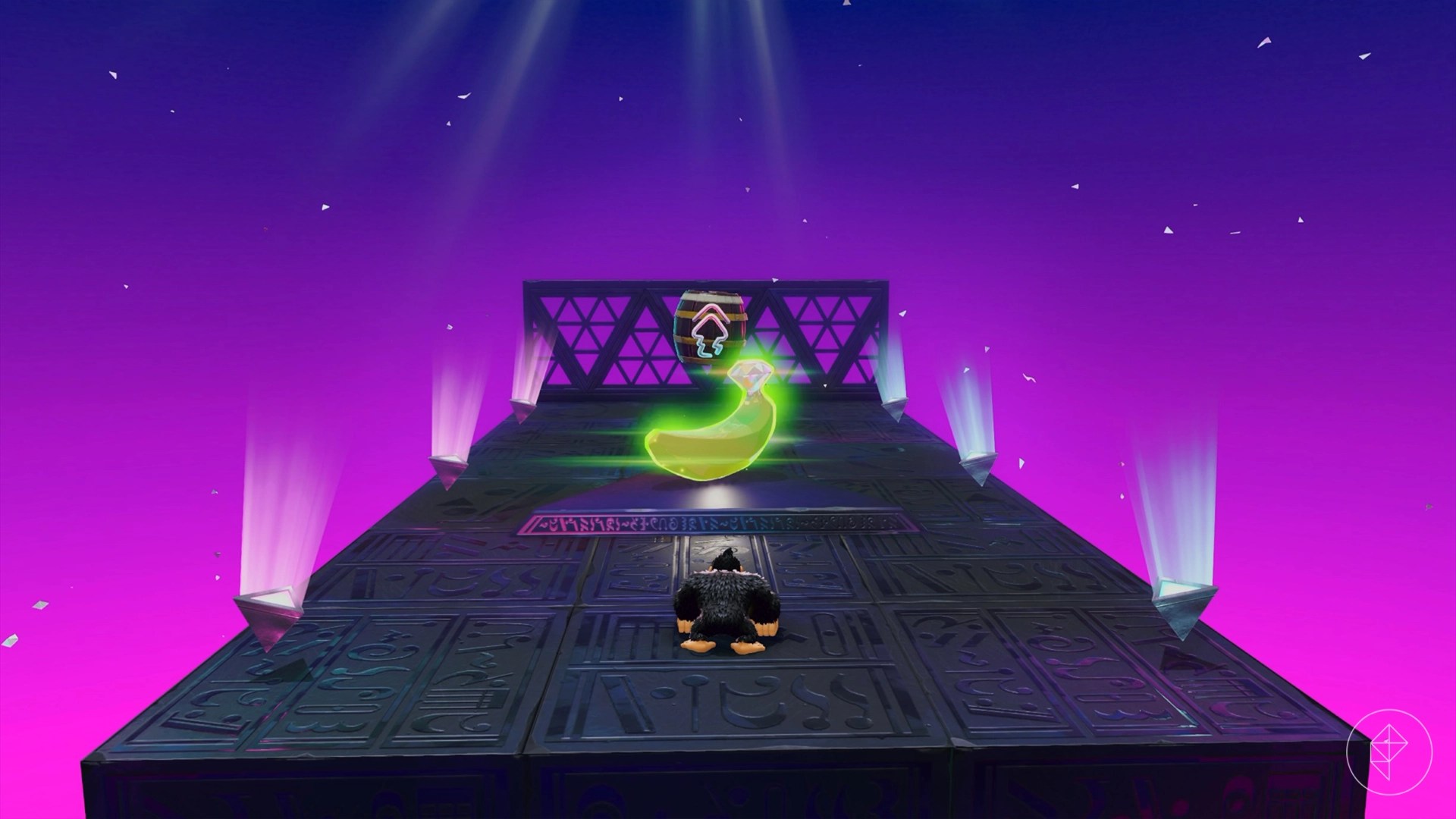 Donkey Kong standing in front of a golden banana that is in front of a barrel.
