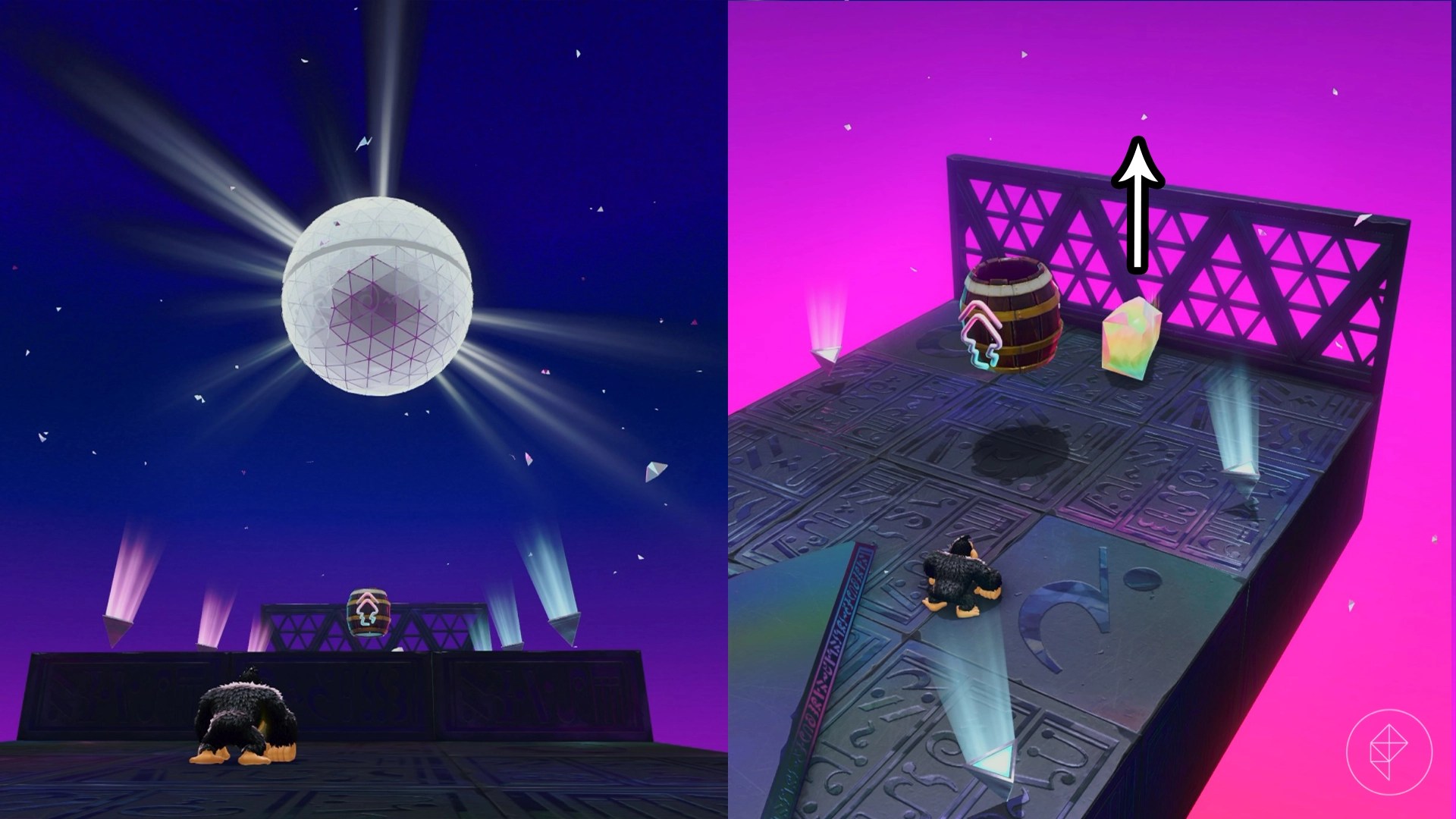 Donkey Kong standing under a large disco ball along with an image of a liftoff ore behind a barrel.