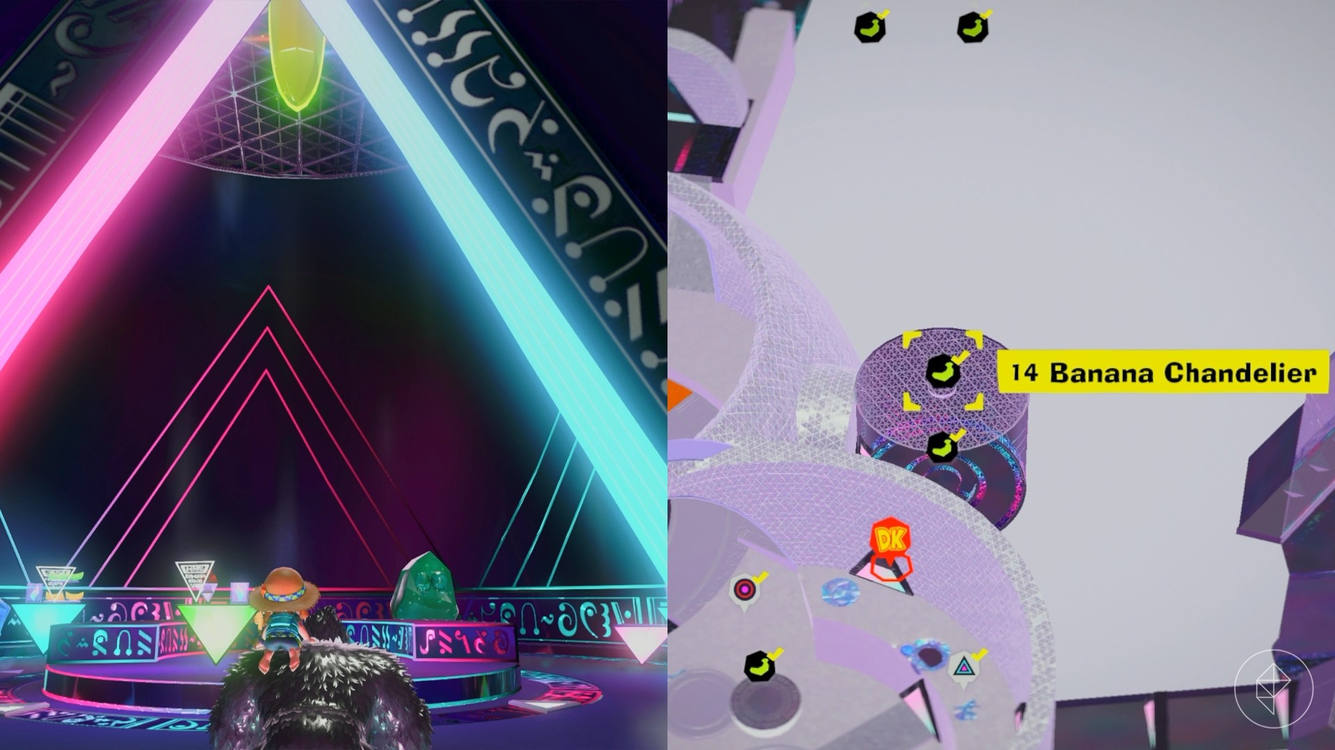 Donkey Kong looking up to a banana hanging from the ceiling in a room with neon lights and a green rubber Fractone.