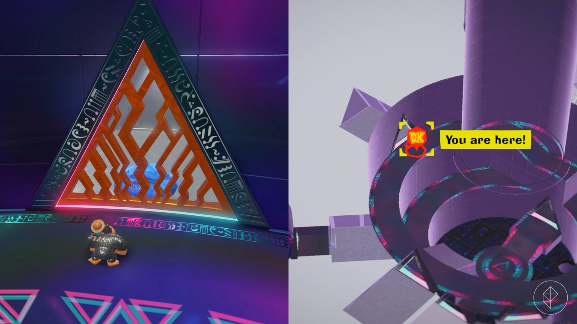 Donkey Kong standing in front of a triangular jail cell with gold bars that is holding a Fractone.
