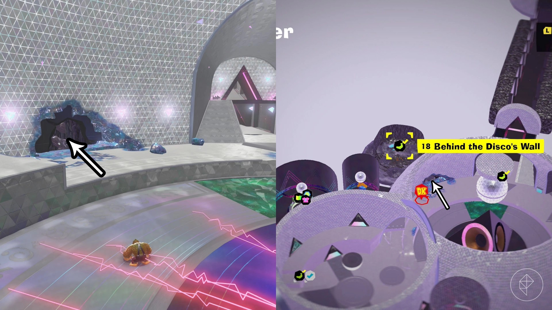 Donkey Kong standing beside a hole in the wall that leads to a hidden banana.