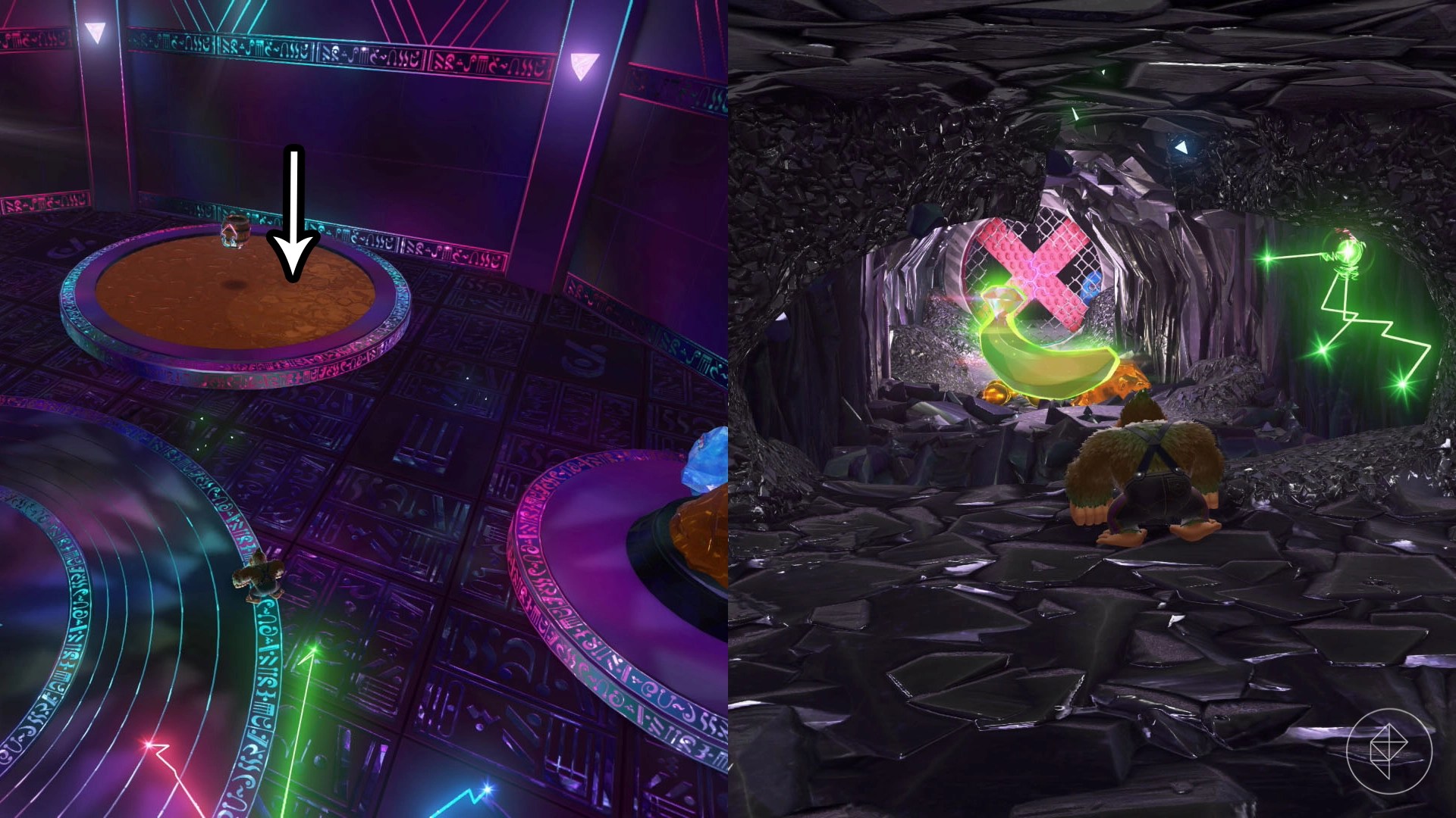 Donkey Kong looking towards a circular platform of gold with a barrel floating above it alongside an image of Donkey Kong standing in front of a banana in a cave.