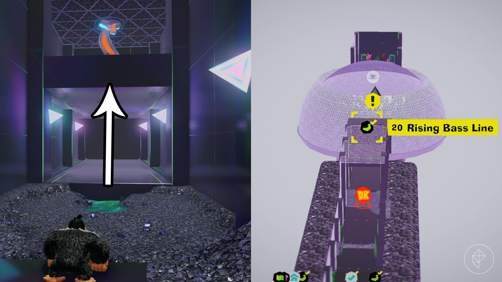 Donkey Kong standing in front of a patch of gravel that is hiding a green rubber platform along with an arrow pointing towards a banana hanging from the ceiling.