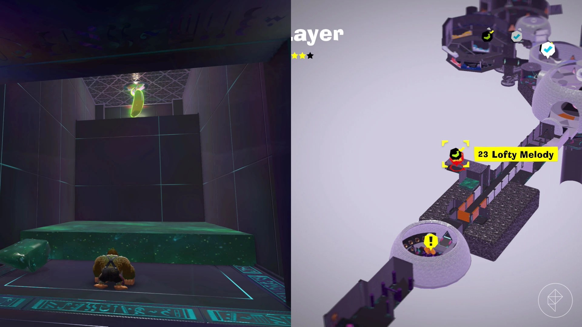 Donkey Kong standing in front of a platform of green rubber that is below a golden banana hanging from the ceiling.