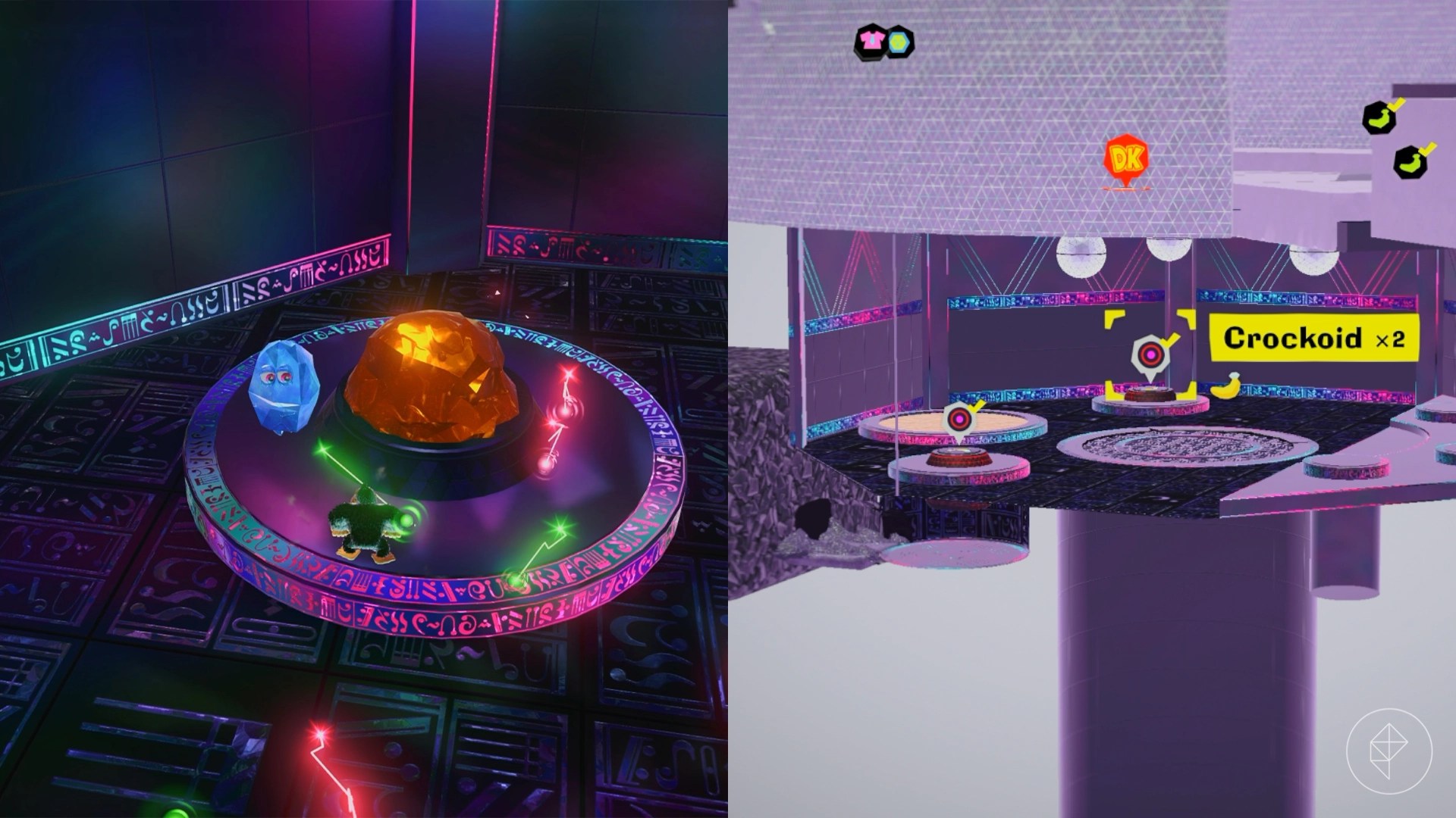 Donkey Kong standing in front of a manhole cover blocked with gold beside a crystal with eyes.