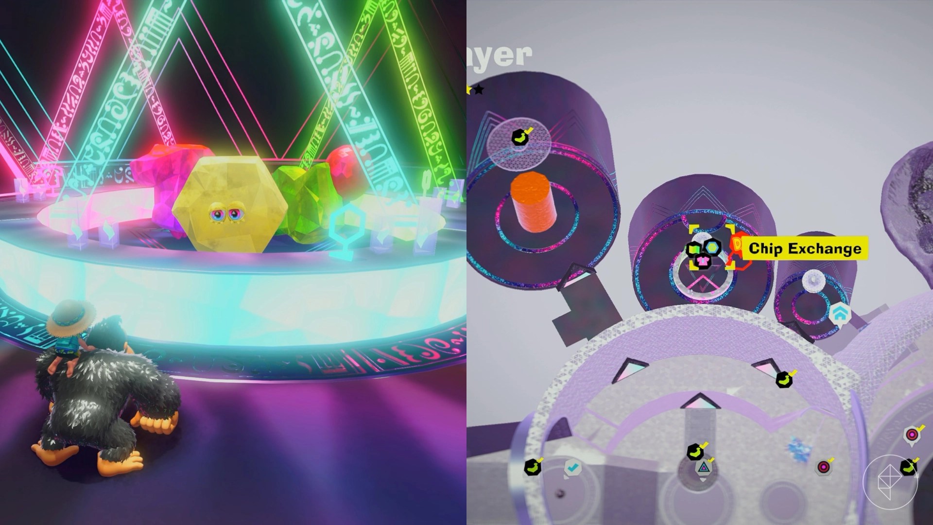 Donkey Kong standing in front of a yellow hexagon with eyes in a bright neon room.