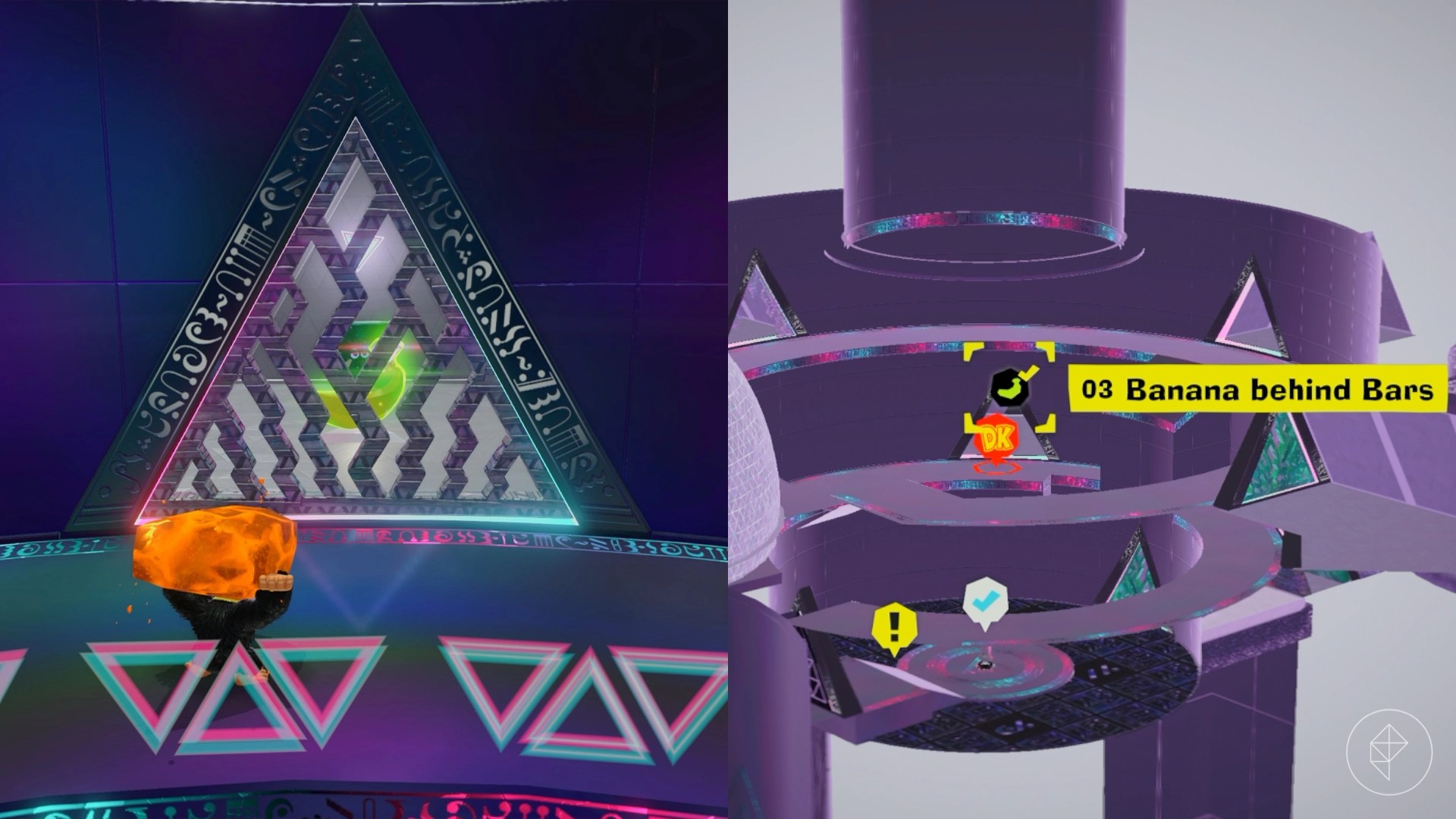 Donkey Kong with a chunk of gold standing in front of a concrete triangle door.