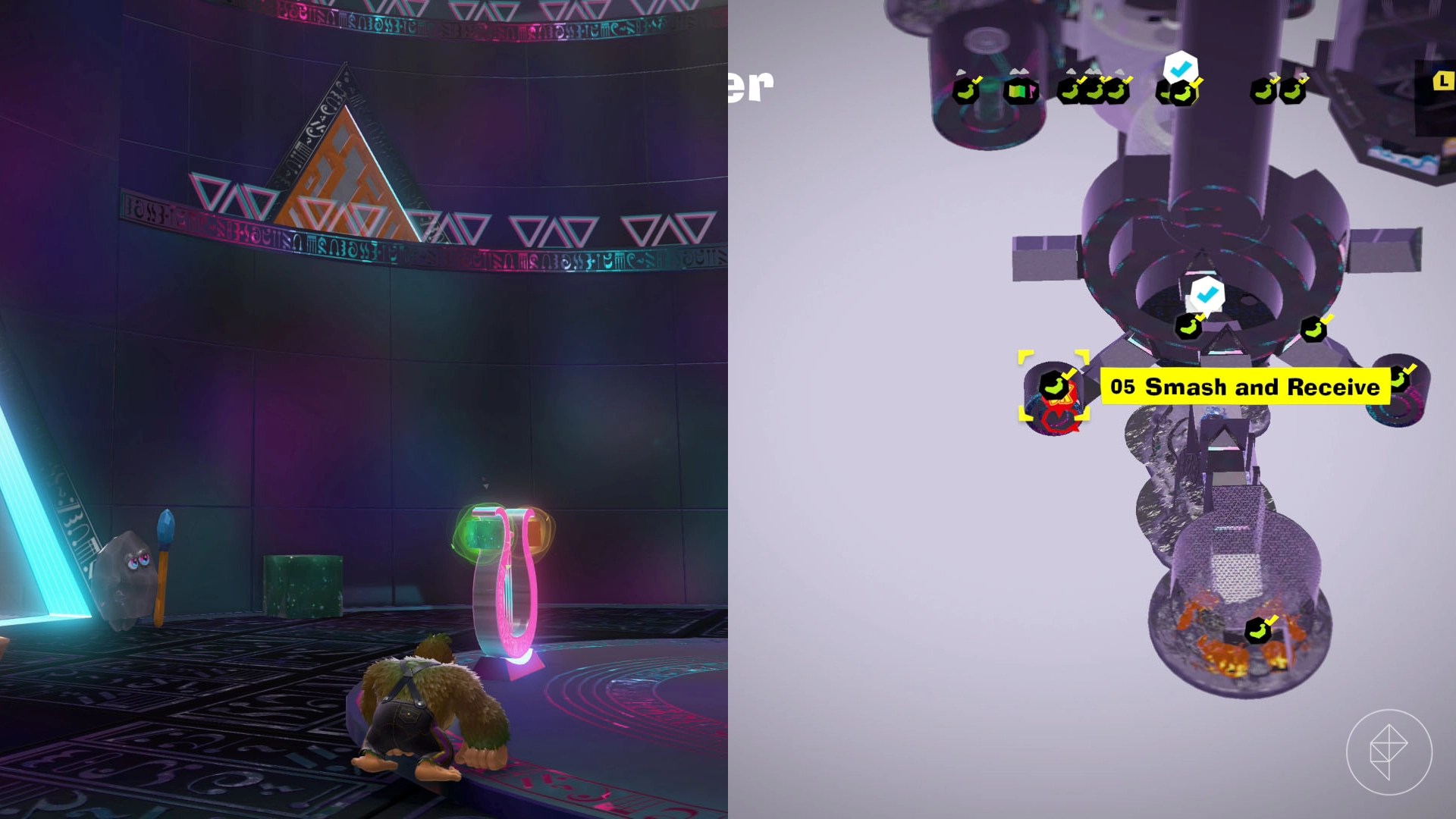 Donkey Kong standing in front of a harp with a gold door on the floor above.