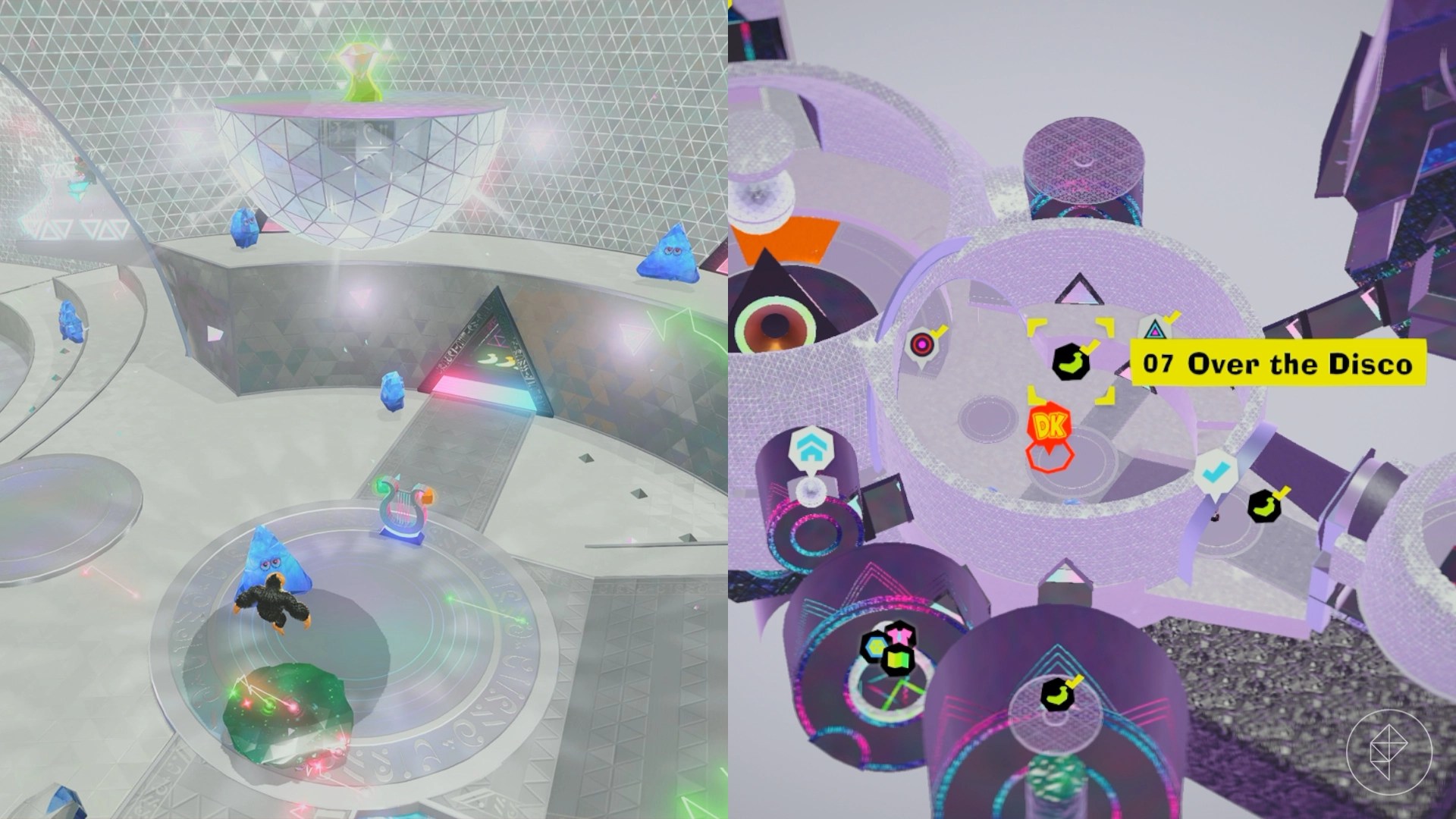 Donkey Kong jumping off of a rubber platform into the air to spot a banana buried into a disco ball floating in the air.