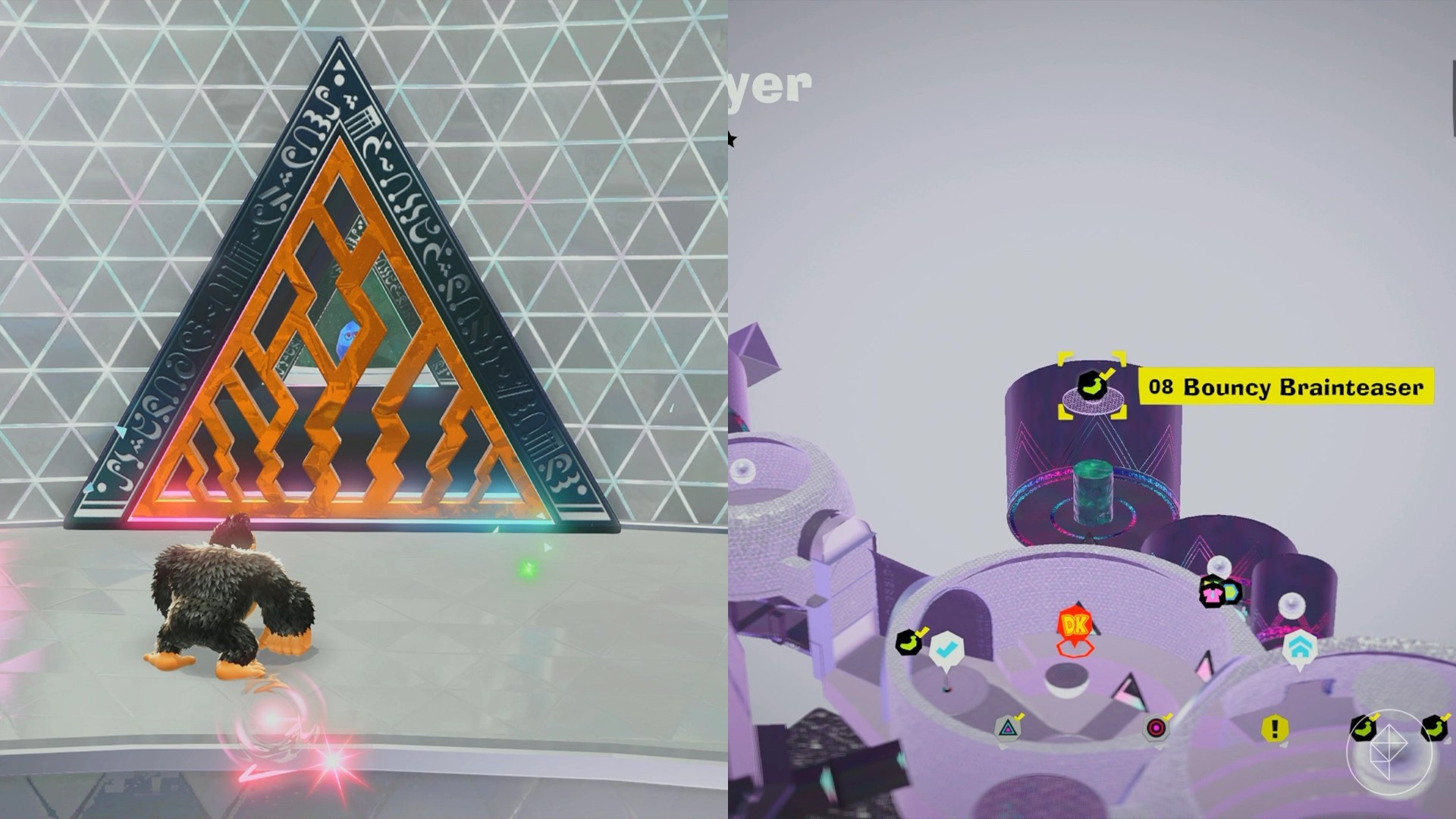 Donkey Kong standing in front of a gold door that has a crystal with eyes behind it.