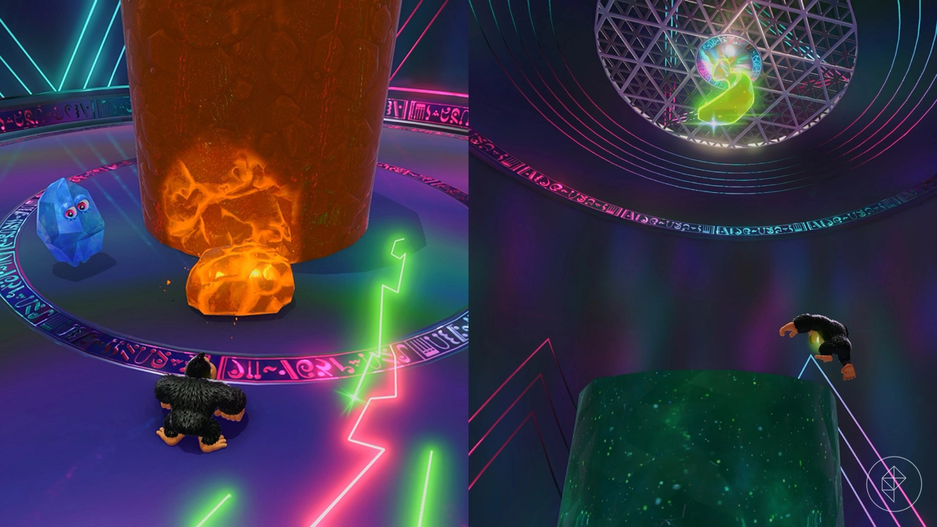 Donkey Kong standing in front of a pillar made of gold beside a crystal with eyes alongside an image of Donkey Kong jumping towards the top of a rubber pillar and a banana on the ceiling.