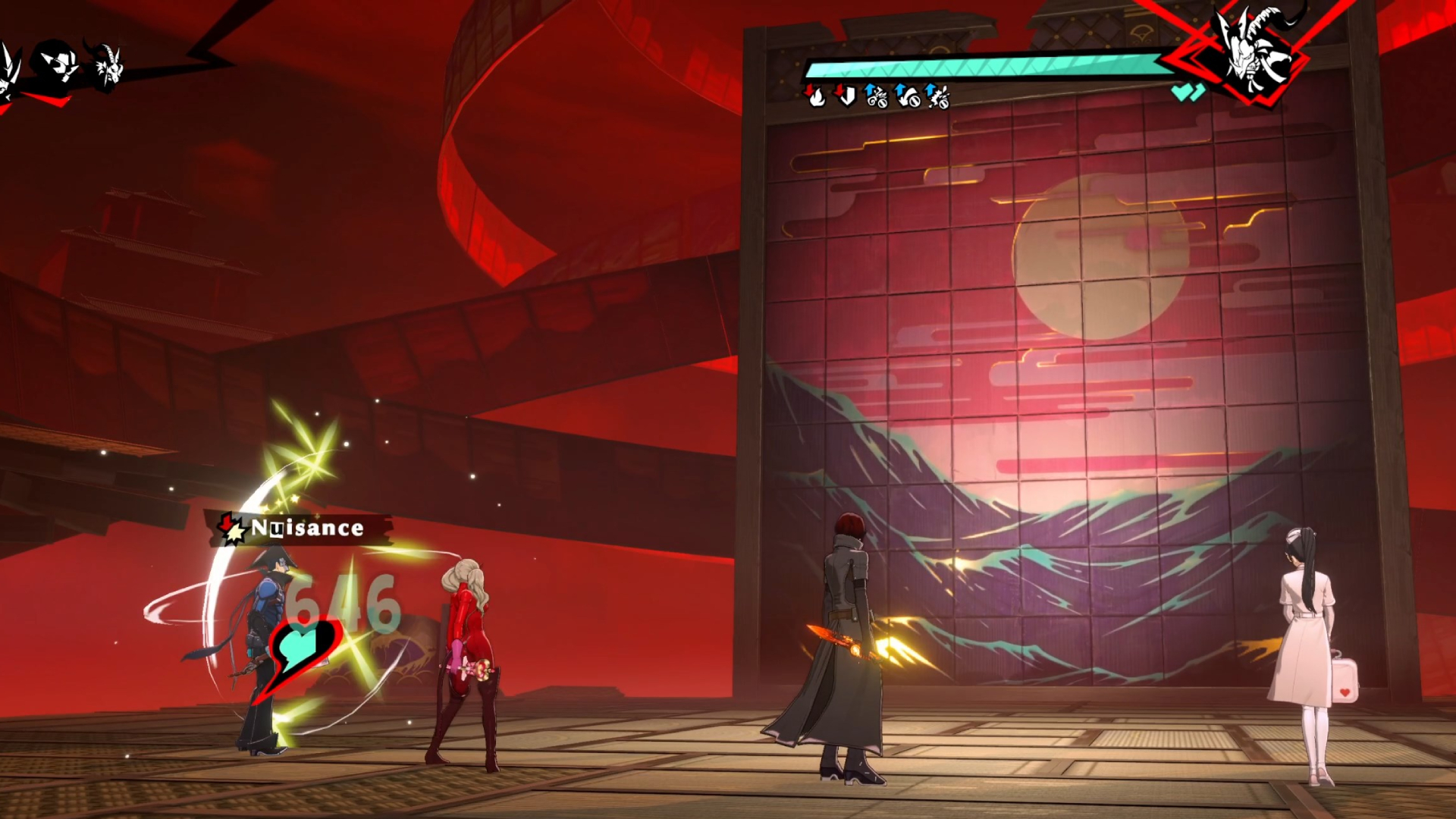 Four characters from Persona 5: The Phantom X staring at a wall but one is dizzy.