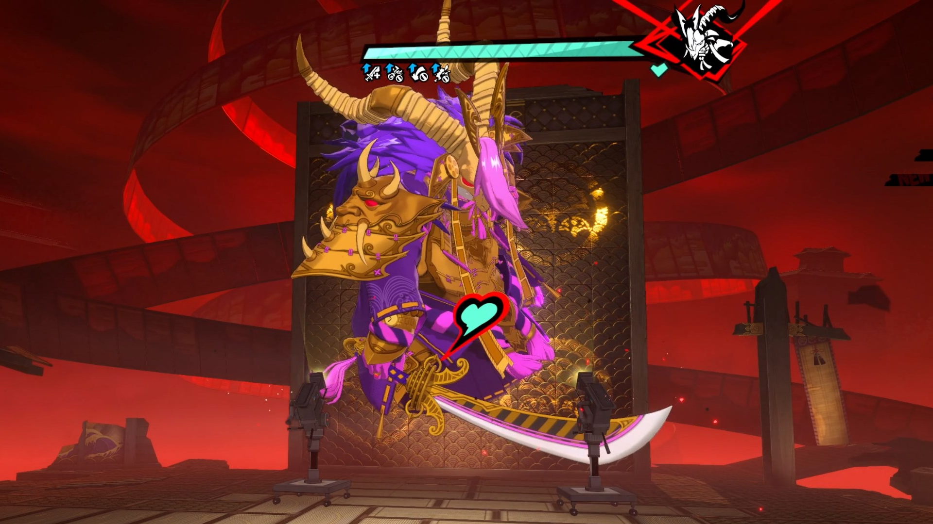 A large humanoid monster attached to a wall along with two cameras pointed towards it in Persona 5: The Phantom X.