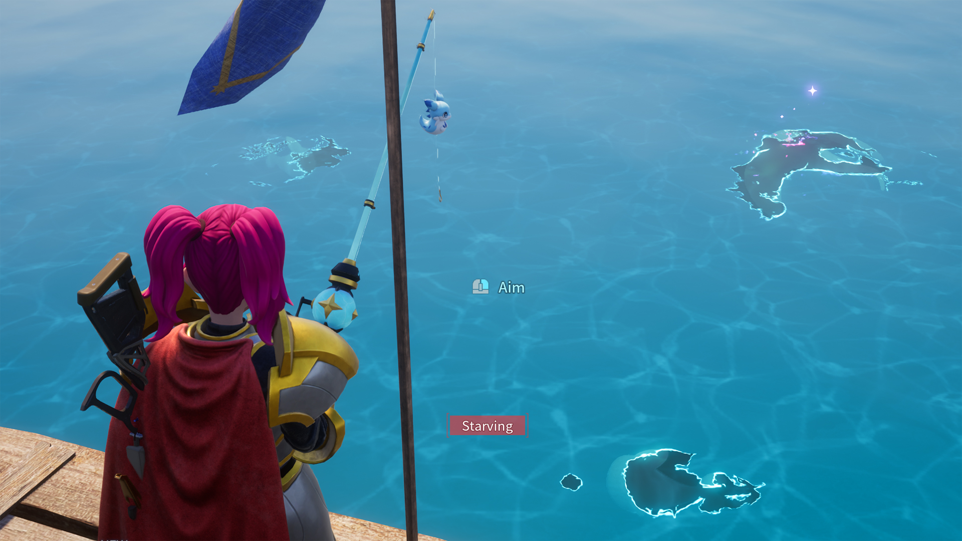 A player fishing in Palworld.