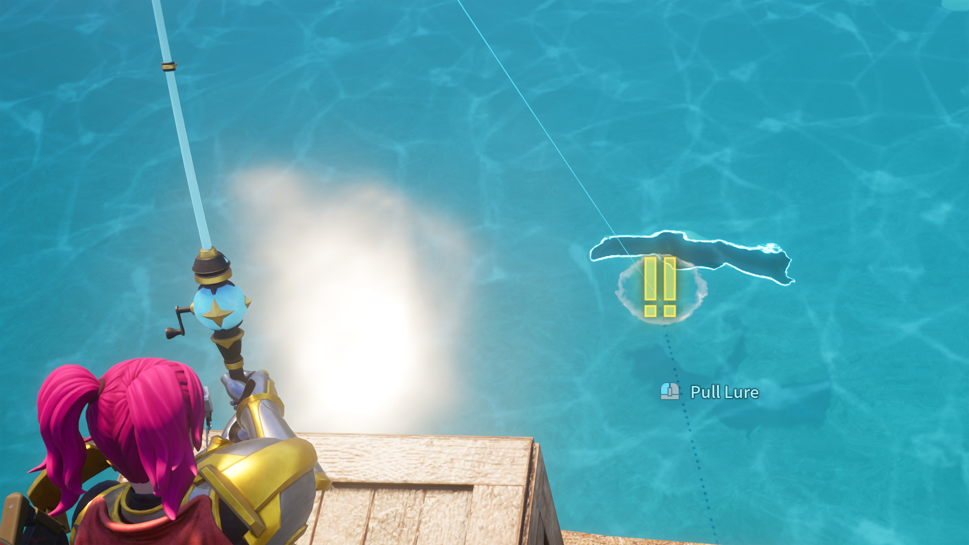A player fishing in Palworld.