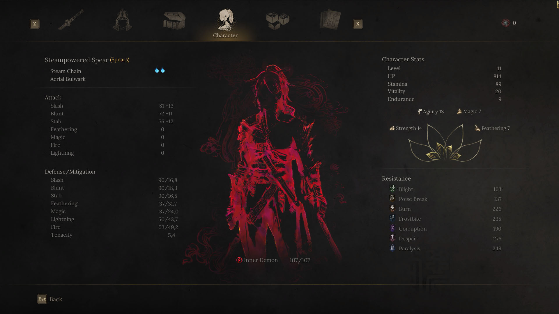 A Wuchang: Fallen Feathers screenshot showing the character menu. In it, you can see the silhouette of Wuchang in red, representing the level of Madness she is. There are some stats described in other sections of the screen, like Attack, Defense, Resistance, and other stats.
