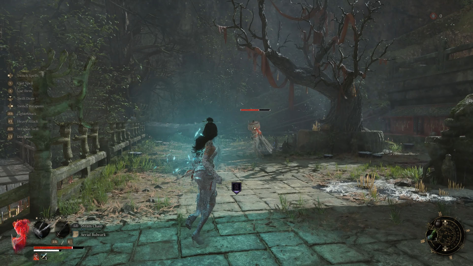 A Wuchang: Fallen Feathers screenshot showing the main character facing a humanoid figure wearing some white clothes. 