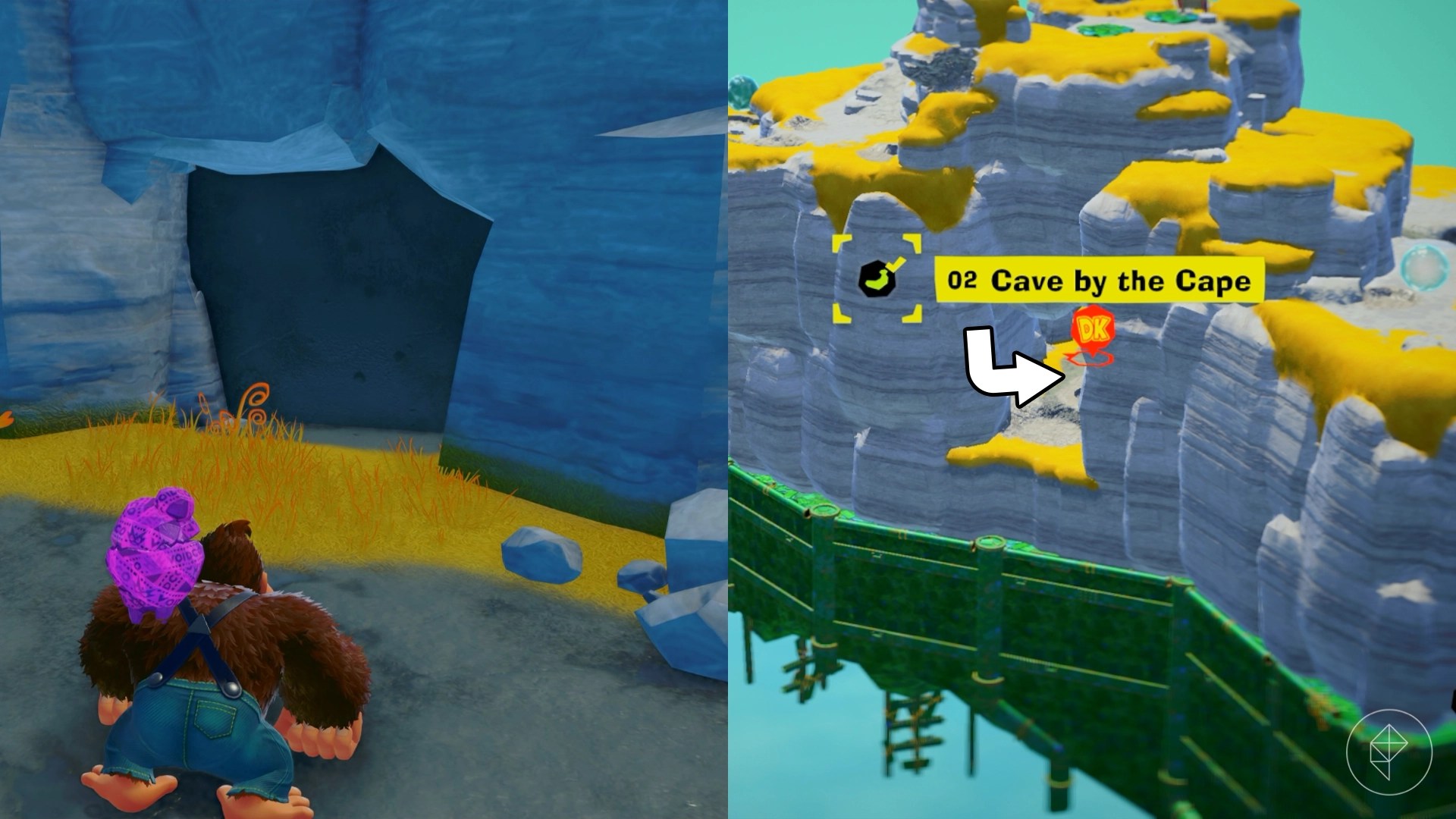 DK stands outside a cave near the Cave by the Cape gem in a split image showing where to find a Lagoon Layer Banandium Gem