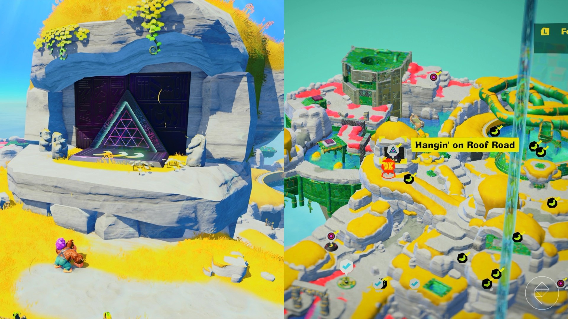 DK stands near ledges leading to the Bathing Banana gem in a split image showing a map of where to find Lagoon Layer Banandium Gem