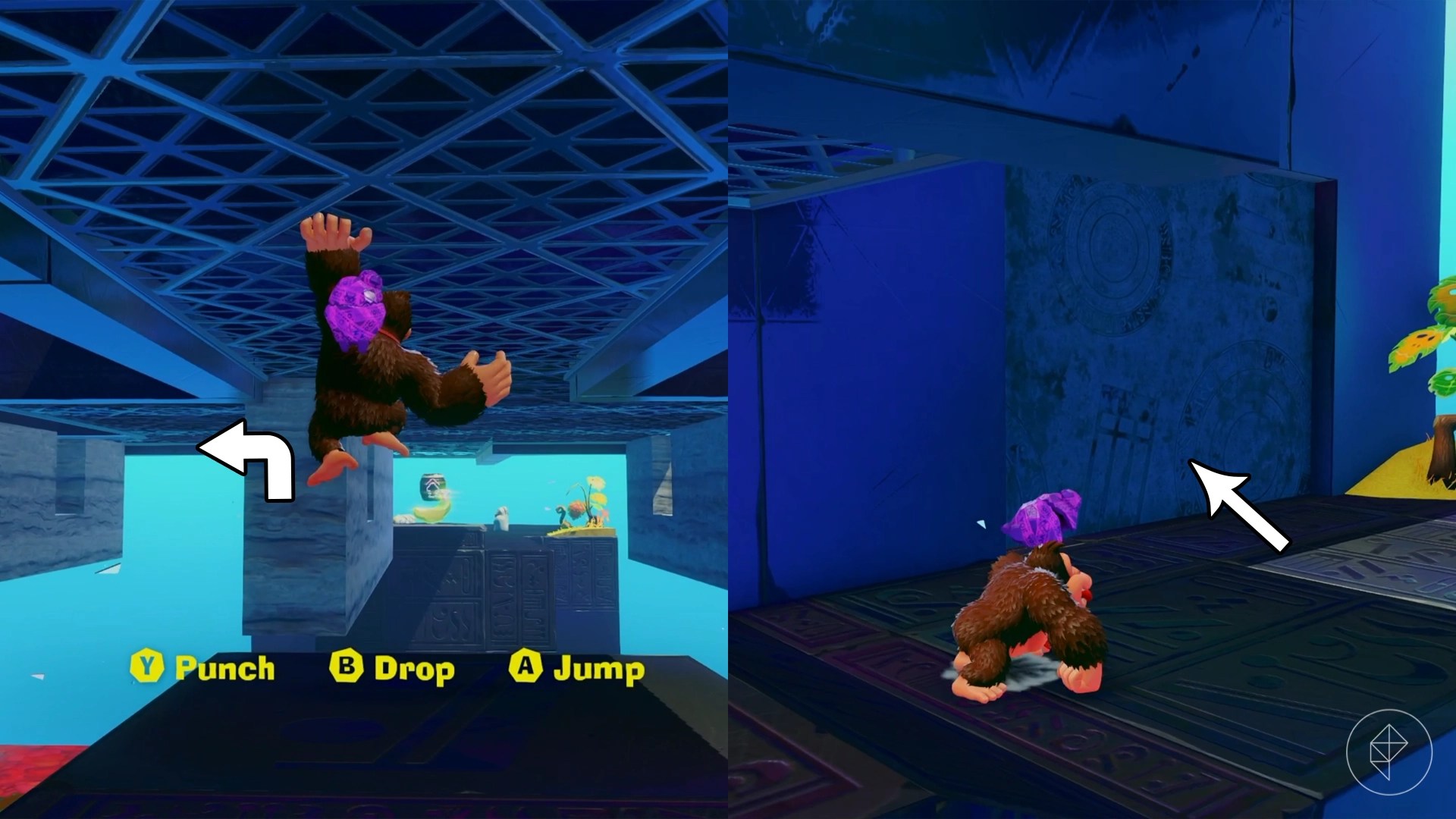 DK climbs monkey bars in one image and stands near a blue wall in another image in split art showing where to find Banandium Gems in the Lagoon Layer in DK Bananza