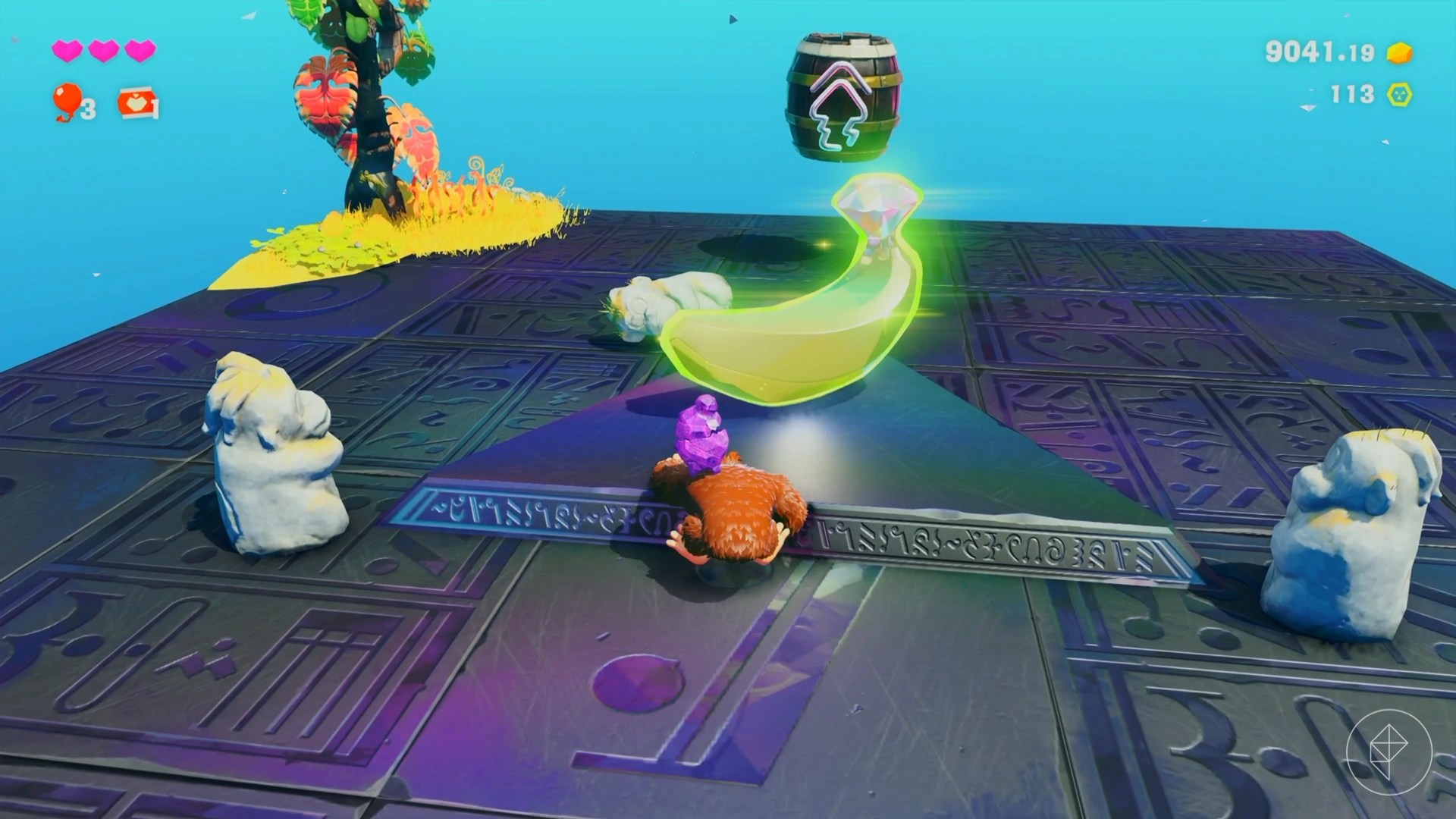 DK stands next to a Banadium Gem on a metal triangle in Donkey Kong Bananza Lagoon Layer