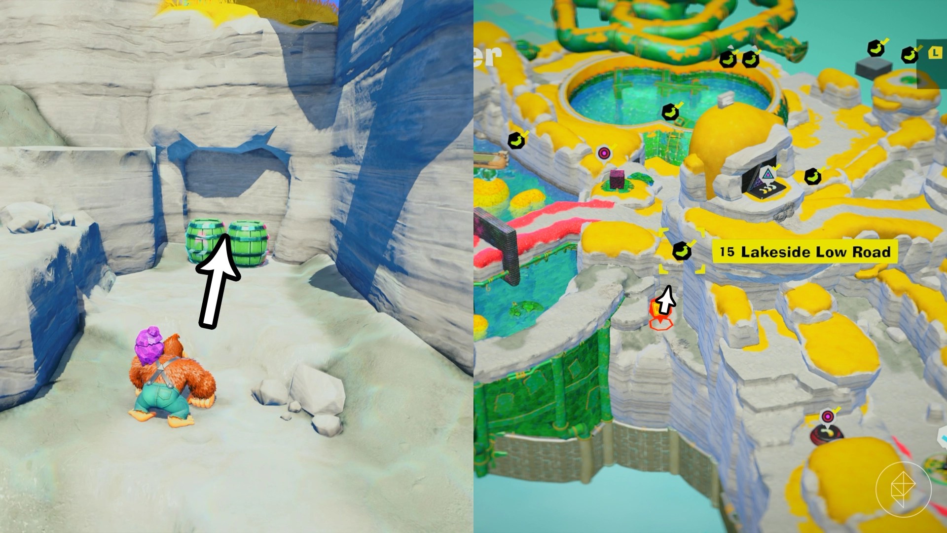 DK stands next to two green barrels by a cliff near the Lakeside Low Road gem in a split image showing a map of where to find Lagoon Layer Banandium Gem