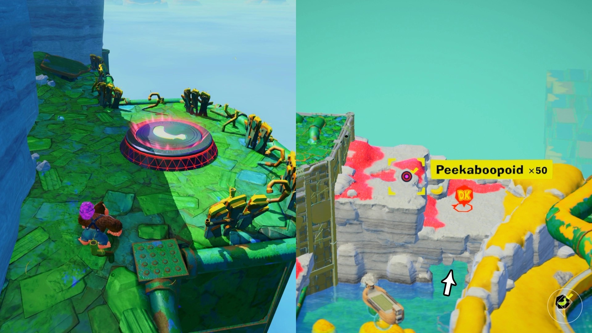 DK walks on green stone pathway looking for the Peekaboopoid x50 gem in a split image showing a map of where to find Lagoon Layer Banandium Gem
